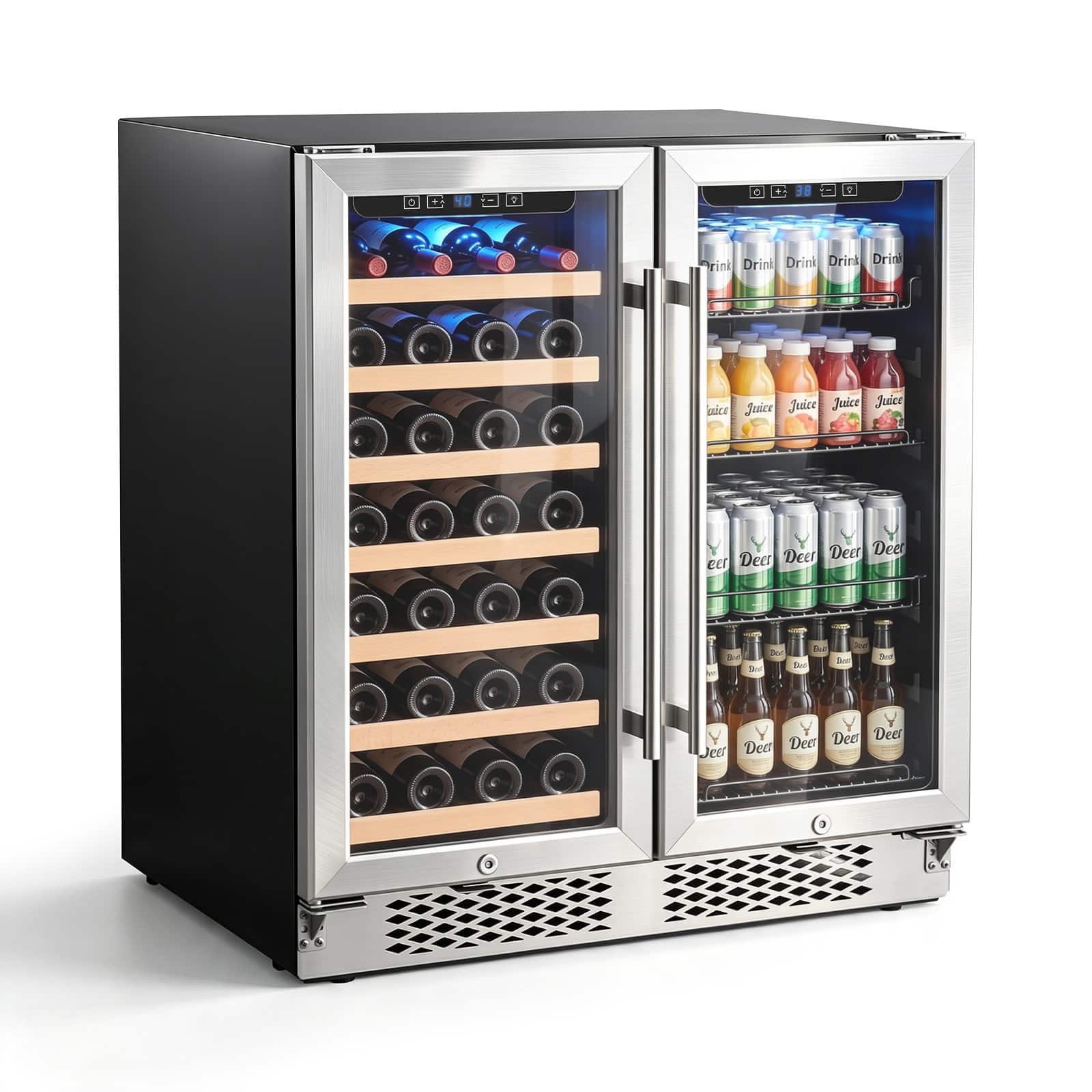 VEVOR - 30 in Wine Fridge Beer Cooler Refrigerator 30 Bottle 110 Can Capacity, Home Bar, Double-Door & Dual-Zone Compressor - Black;Silver