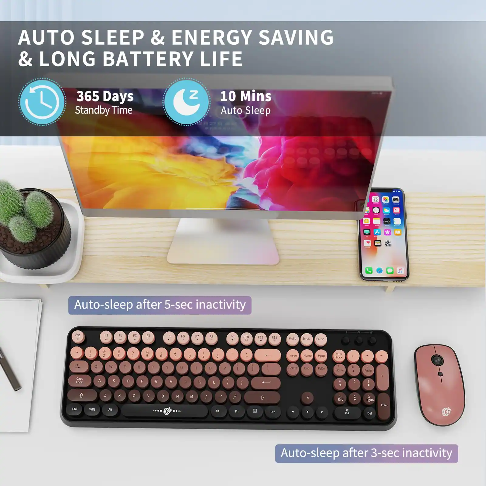 COTTAGE Mouse Combo 104 Round Keys Cute Colorful With Retro Typewriter ...