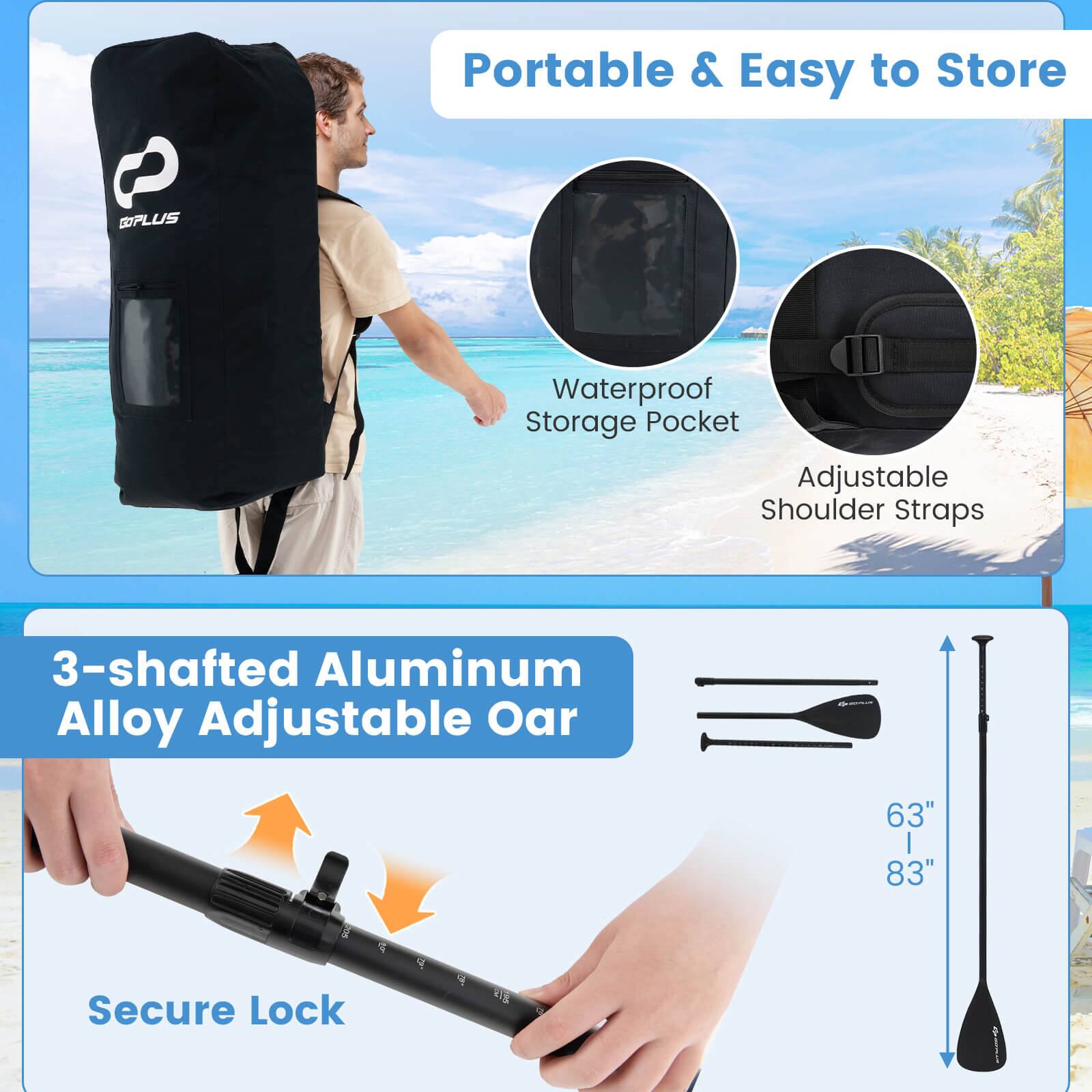 Portable & Easy to Store Waterproof Storage Pocket Adjustable Shoulder Straps 3-shafted Aluminum Alloy Adjustable Oar 63" I 83" P Secure Lock