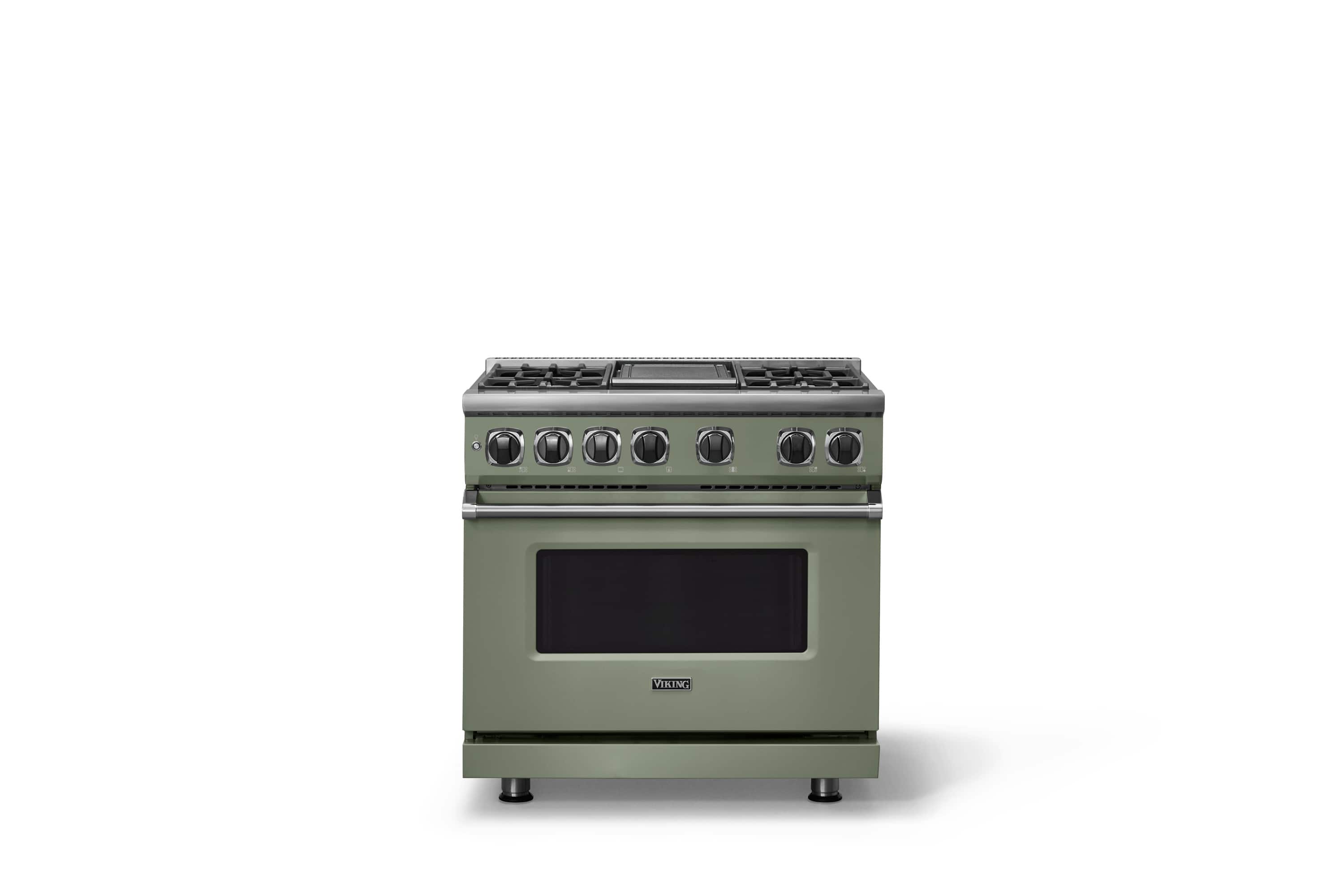 Front. Viking - 36 in. Wide 4 Burner Dual Fuel Sealed Burner Range with Griddle - Eucalyptus.