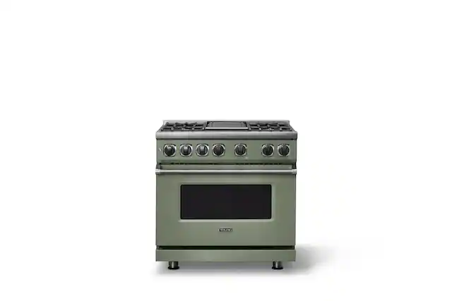 Front. Viking - 36 in. Wide 4 Burner Dual Fuel Sealed Burner Range with Griddle-LP - Eucalyptus.