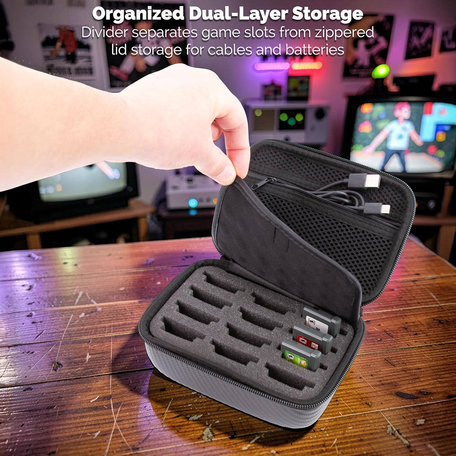 Organized Dual-Layer Storage  
Divider separates game slots from zippered lid storage for cables and batteries