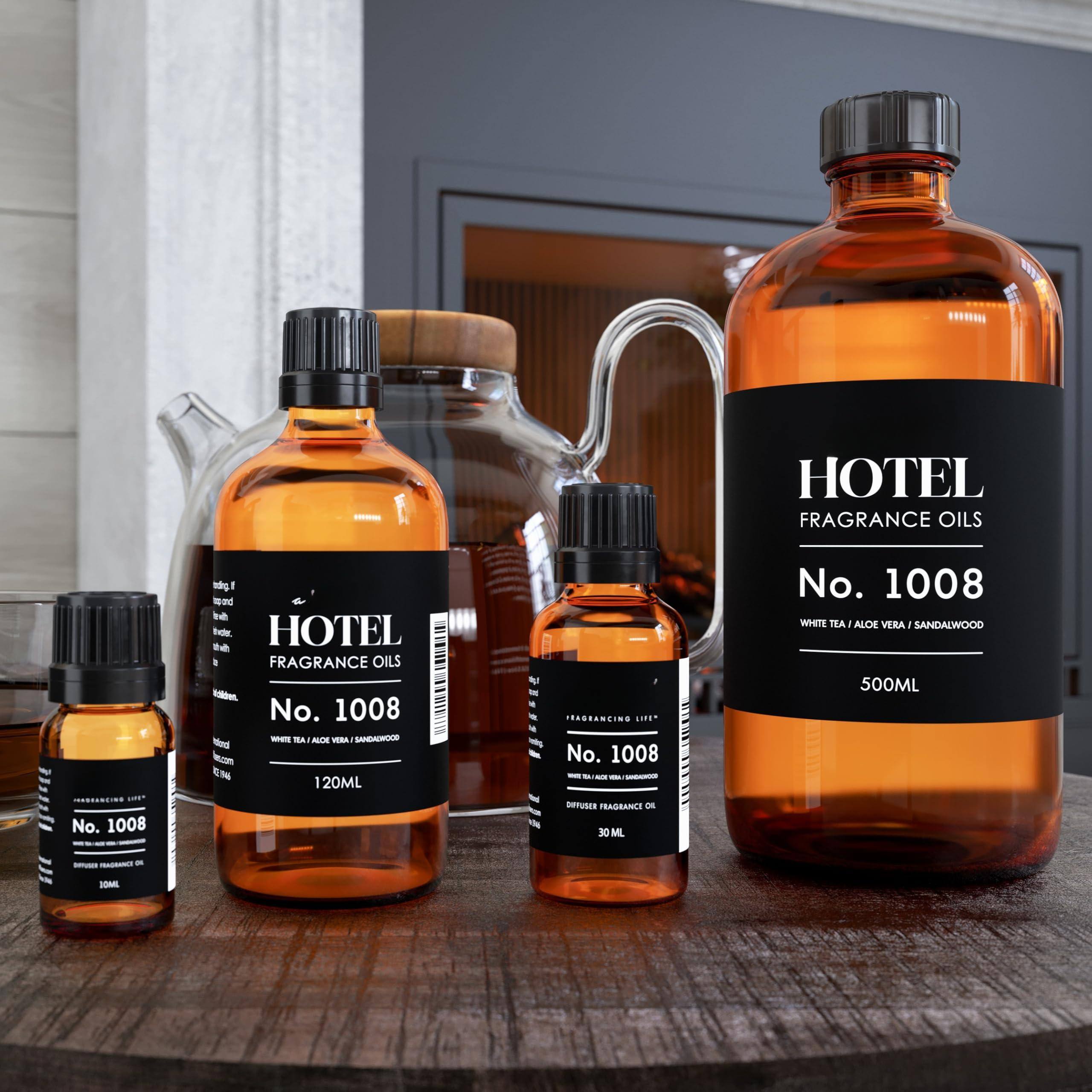 HOTEL FRAGRANCE OILS  
No. 1008  
WHITE TEA / ALOE VERA / SANDALWOOD  
120ML  

HOTEL FRAGRANCE OILS  
No. 1008  
WHITE TEA / ALOE VERA / SANDALWOOD  
500ML  

HOTEL FRAGRANCE OILS  
No. 1008  
DIFFUSER FRAGRANCE OIL  
30ML