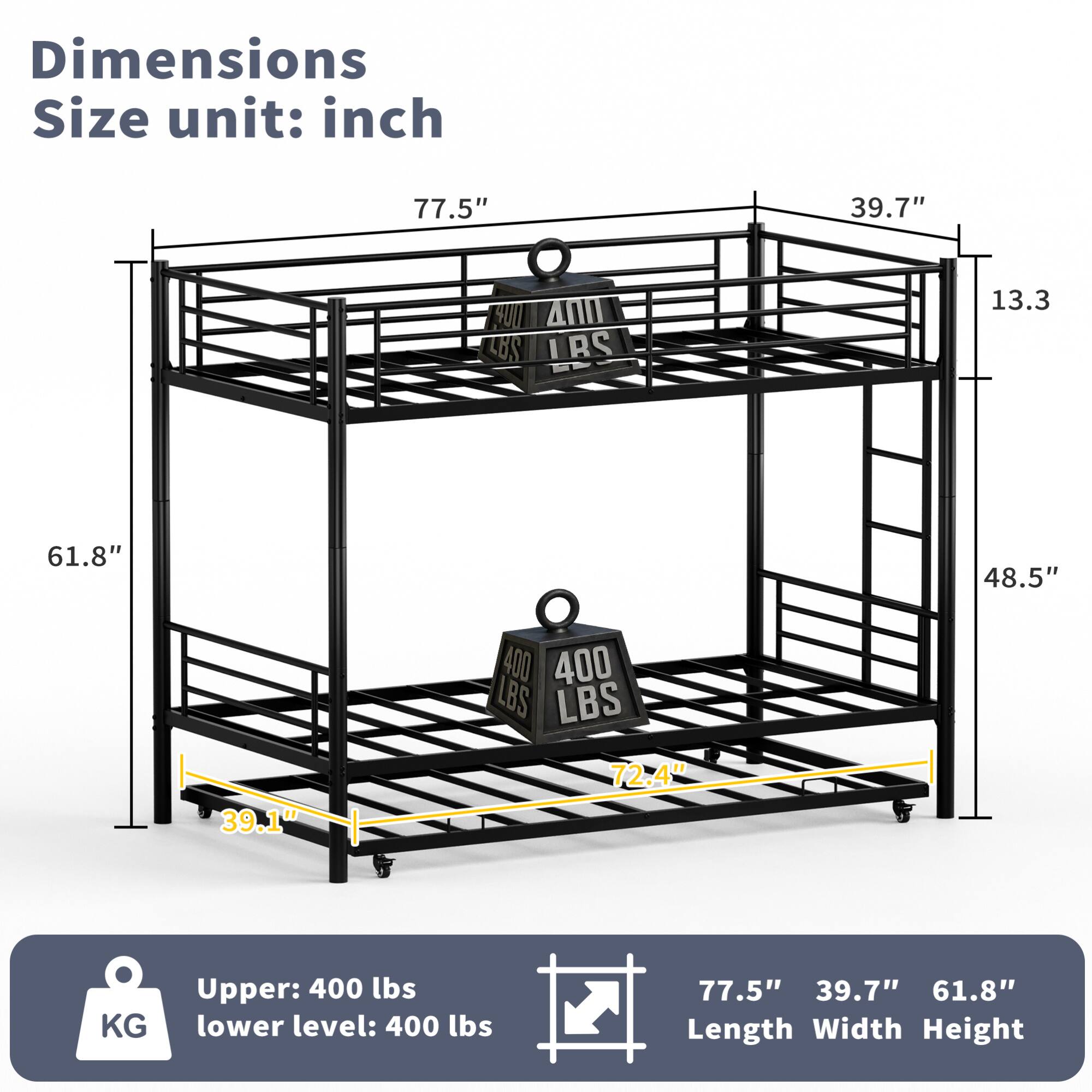 Dimensions  
Size unit: inch  

- Length: 77.5"  
- Width: 39.7"  
- Height: 61.8"  

Upper: 400 lbs  
Lower level: 400 lbs  

- Length: 77.5"  
- Width: 39.7"  
- Height: 61.8"