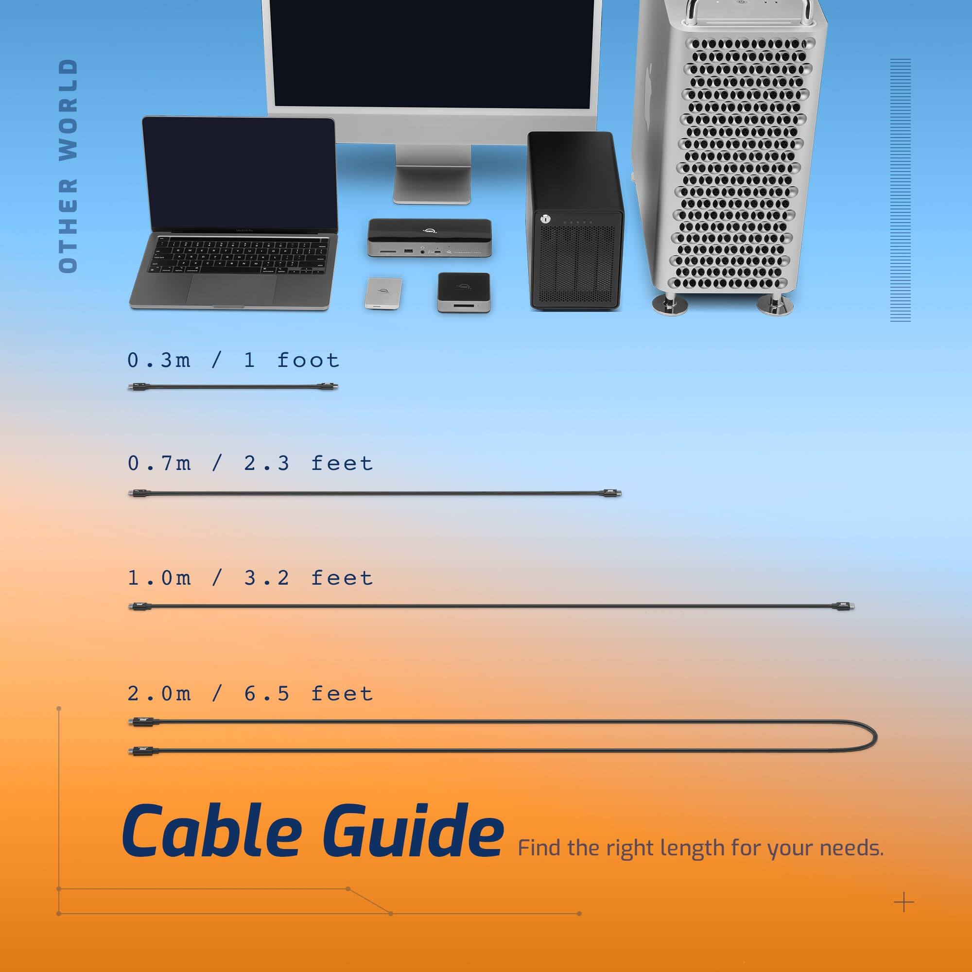 Sure, here is the corrected and grouped text from the image:

---

**OTHER WORLD**

- 0.3m / 1 foot
- 0.7m / 2.3 feet
- 1.0m / 3.2 feet
- 2.0m / 6.5 feet

**Cable Guide**

Find the right length for your needs.

---