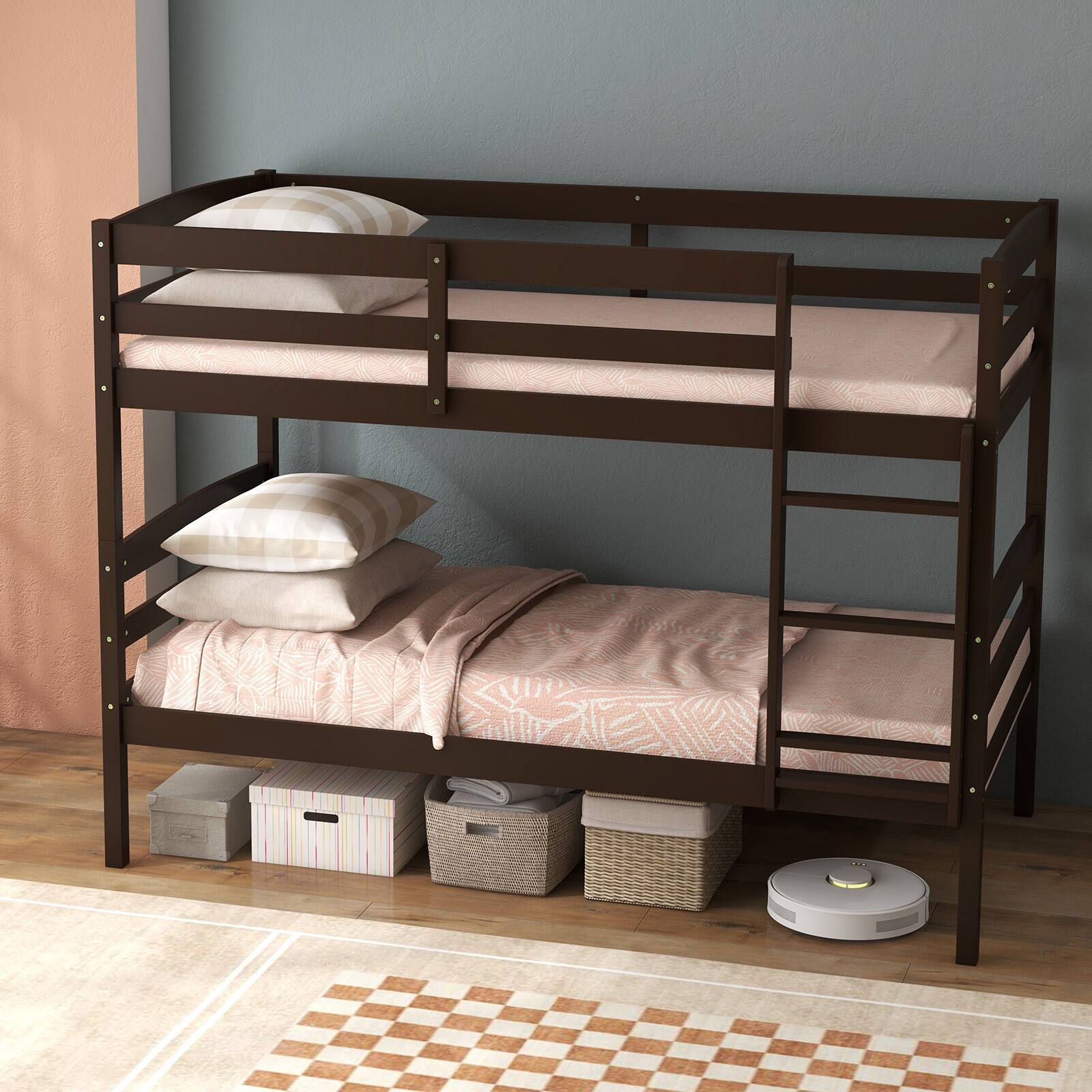 Alt View 1. Ecooso - Solid Wood Twin Over Twin Bunk Bed Frame with High Guardrails and Integrated Ladder - Brown.