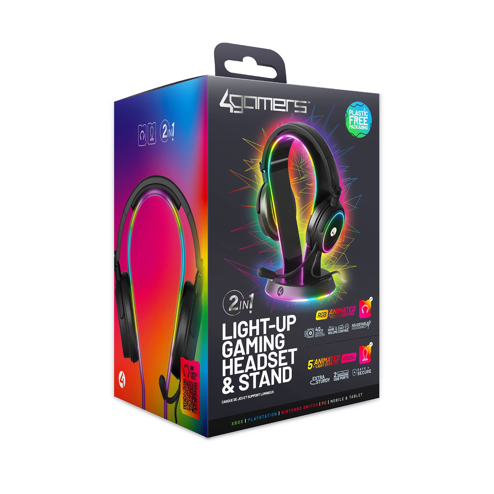 Sure, here is the corrected and grouped text from the image:

---

**Gamers**

- **2M** (on the left side of the box)
- **PLASTIC FREE PACKAGING** (on the top right corner)
- **2IN1**
- **LIGHT-UP GAMING HEADSET & STAND**
- **RGB ANIMATED**
- **40 uN P Un 8** (likely "40 hours battery life")
- **HOO NC K DRIRE** (likely "HOO NC K DRIRE" or "HOO NC K DRIRE" - unclear)
- **Scdda GAMING HEADSET 5.ANMATED LAPT A7IETS N BAFA** (likely "Scdda GAMING HEADSET 5 ANIMATED LAPTOPS & TABLETS")
- **2 JECURE STAND EXTRA nPOS Pa TURDY & IUS TRUR n a TABLET CARR A NOBILE PO** (likely "2 JECURE STAND EXTRA SUPPORT FOR LAPTOPS & TABLETS")
- **SWITCH I NINTENDO 1 PLATSTATION** (likely "SWITCH | NINTENDO | PLAYSTATION")
- **X