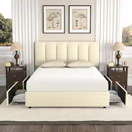 Vecelo - Full Upholstered Bed Frame with 4 Storage Drawers, Adjustable Velvet Headboard, No Box Spring Needed, Metal Platform - Beige