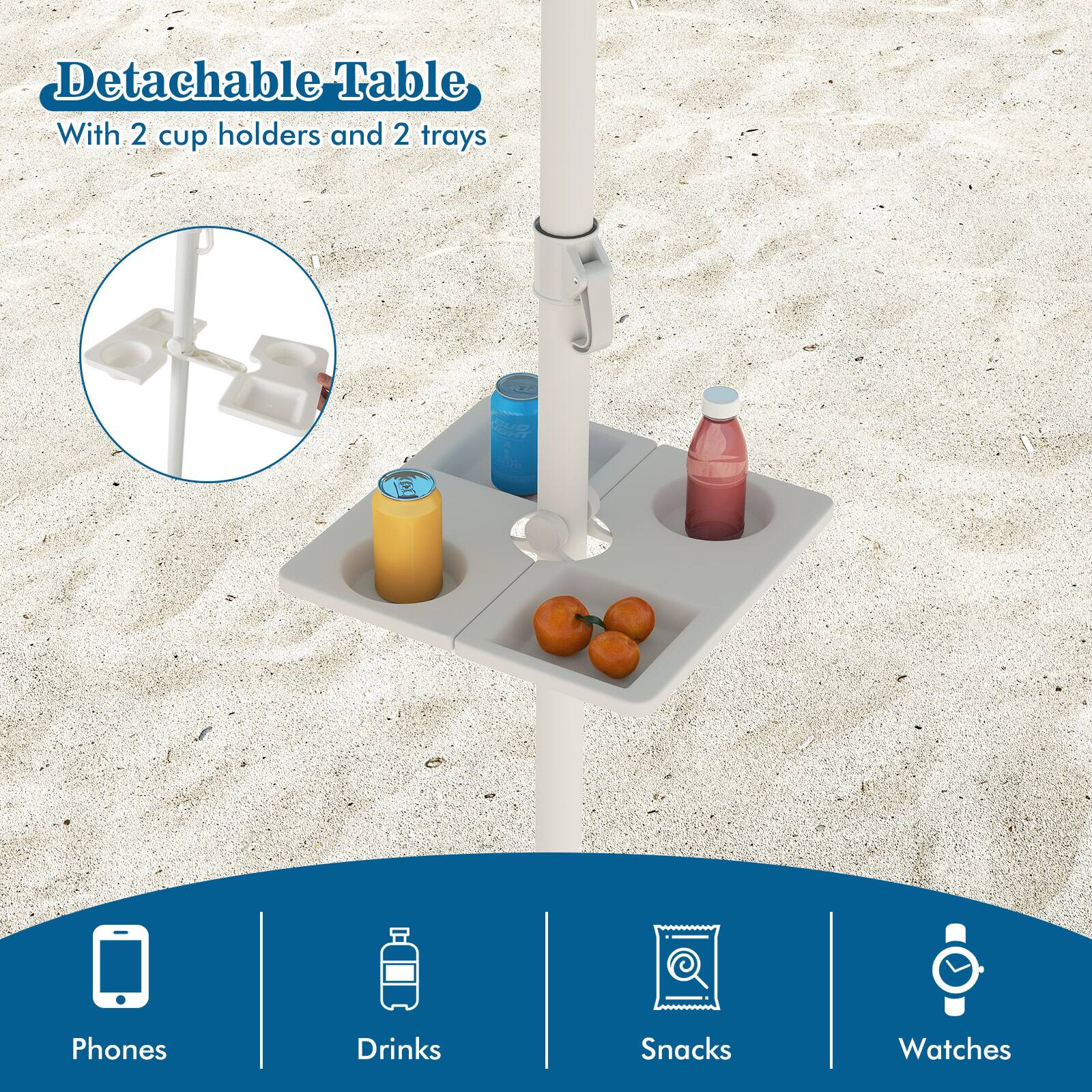 Detachable Table  
With 2 cup holders and 2 trays  

Phones  
Drinks  
Snacks  
Watches