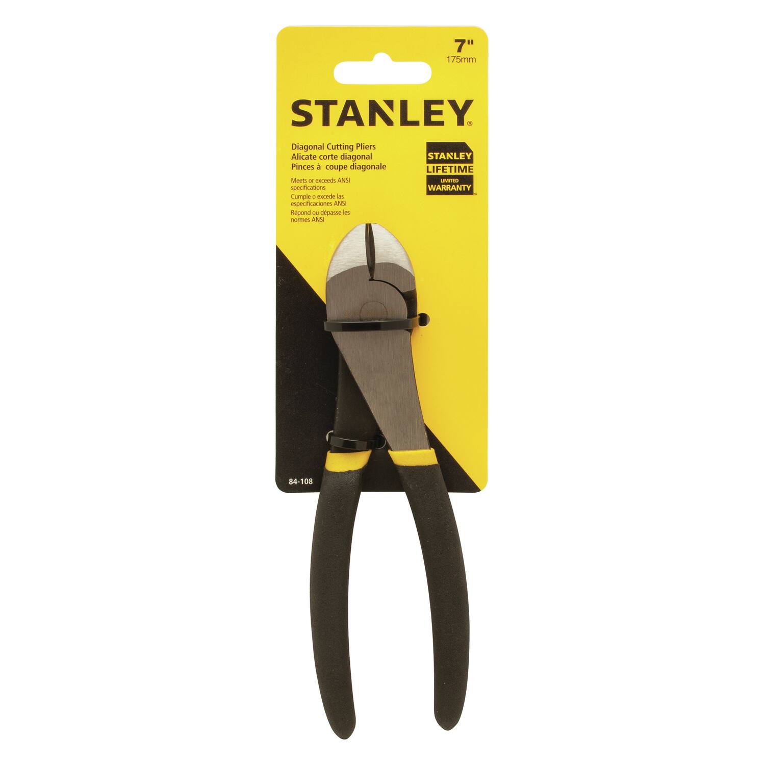 7" 175mm STANLEY Diagonal Cutting Pliers Alicate corte diagonal STAKLEY Pinces coupe diagonale LIFETIME Mort L ncred AND LARTIS specifications WARRANTY Cumple - cecode las iespecificaciones ANA Repond - depasse in normes ANN 84-108