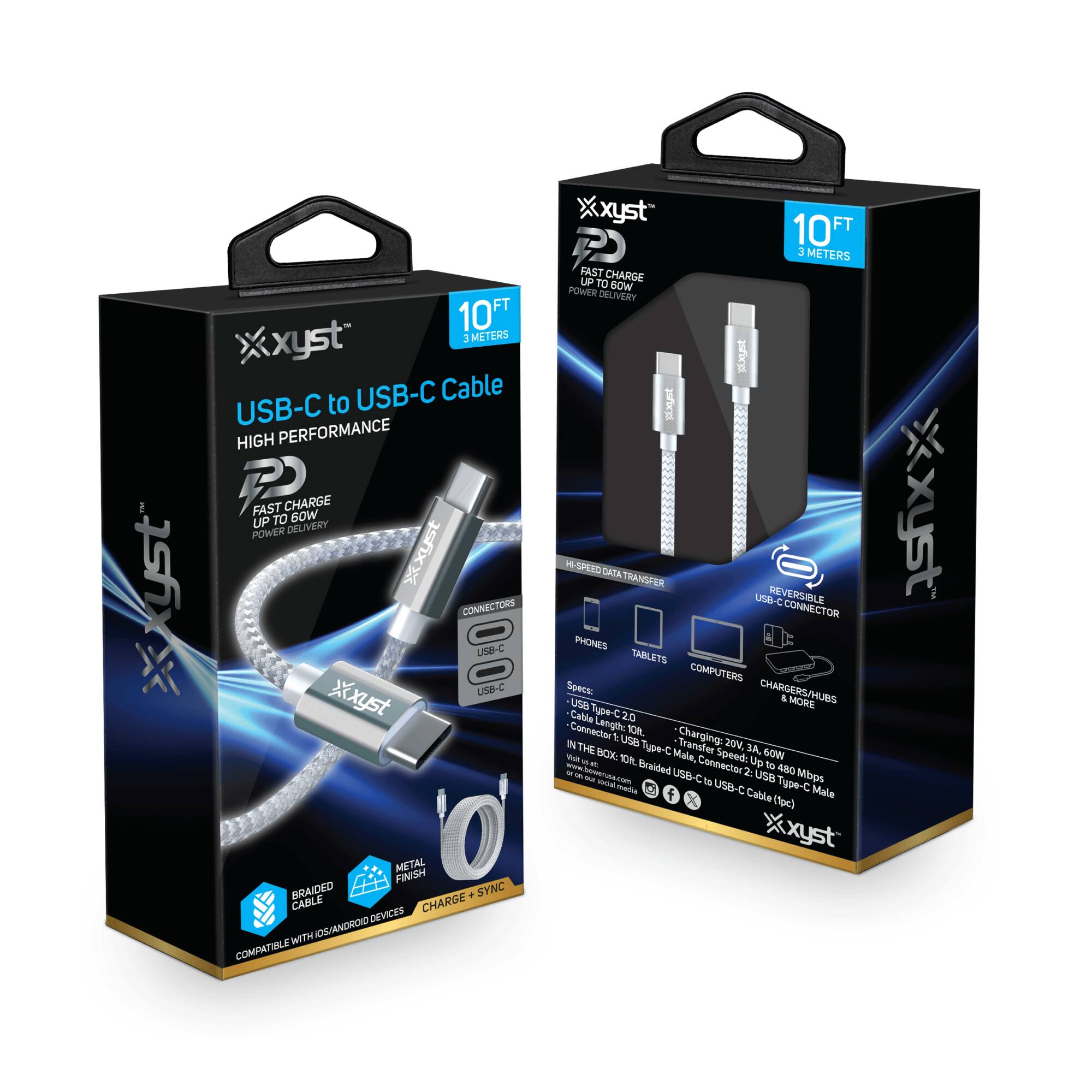 **USB-C to USB-C Cable**

**HIGH PERFORMANCE**

**FAST CHARGE UP TO 60W POWER DELIVERY**

**10 FT / 3 METERS**

**CONNECTORS: USB-C to USB-C**

**BRAIDED CABLE**

**METAL FINISH**

**CHARGE + SYNC**

**COMPATIBLE WITH iOS/ANDROID DEVICES**

**HIGH-SPEED DATA TRANSFER**

**REVERSIBLE USB-C CONNECTOR**

**PHONES, TABLETS, COMPUTERS & MORE**

**SPECS:**

- **USB Type-C 20**
- **Connector Length: 10 FT**
- **Charging: 20V, 3A, 60W**
- **Transfer Speed: Up to 5 Gbps**
- **IN THE BOX: 10 FT Braided USB-C to USB-C Cable (1pc)**

**USB Type-C 20**

**Connector Length: 10 FT**

**Charging: 20V, 3A, 60W**

**Transfer Speed: Up to 5 Gbps**

**IN THE BOX: 10 FT Braided USB-C to USB-C Cable (1pc)**

**Compatible with