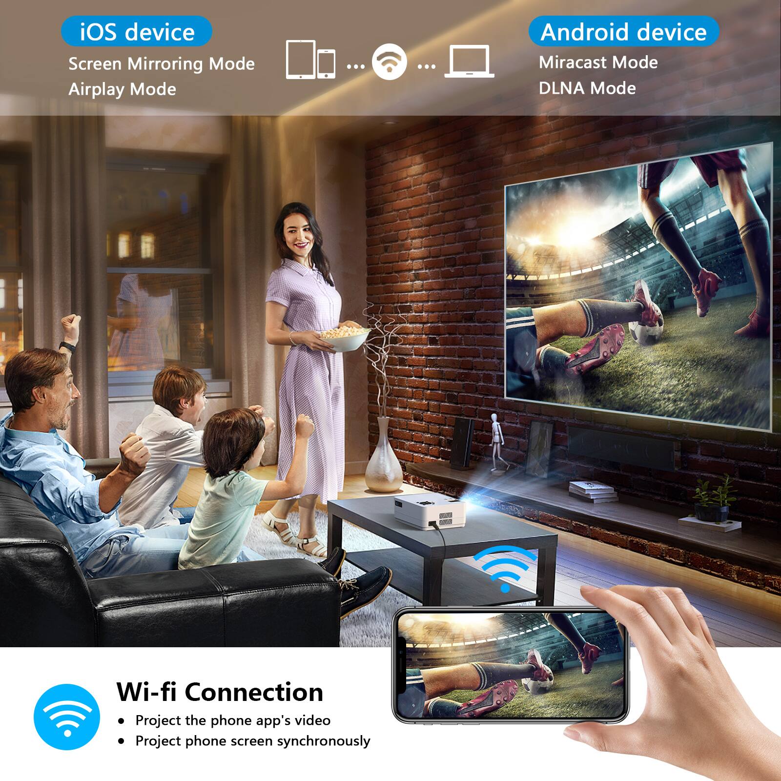 iOS device  
- Screen Mirroring Mode  
- Airplay Mode  

Android device  
- Miracast Mode  
- DLNA Mode  

Wi-fi Connection  
- Project the phone app's video  
- Project phone screen synchronously