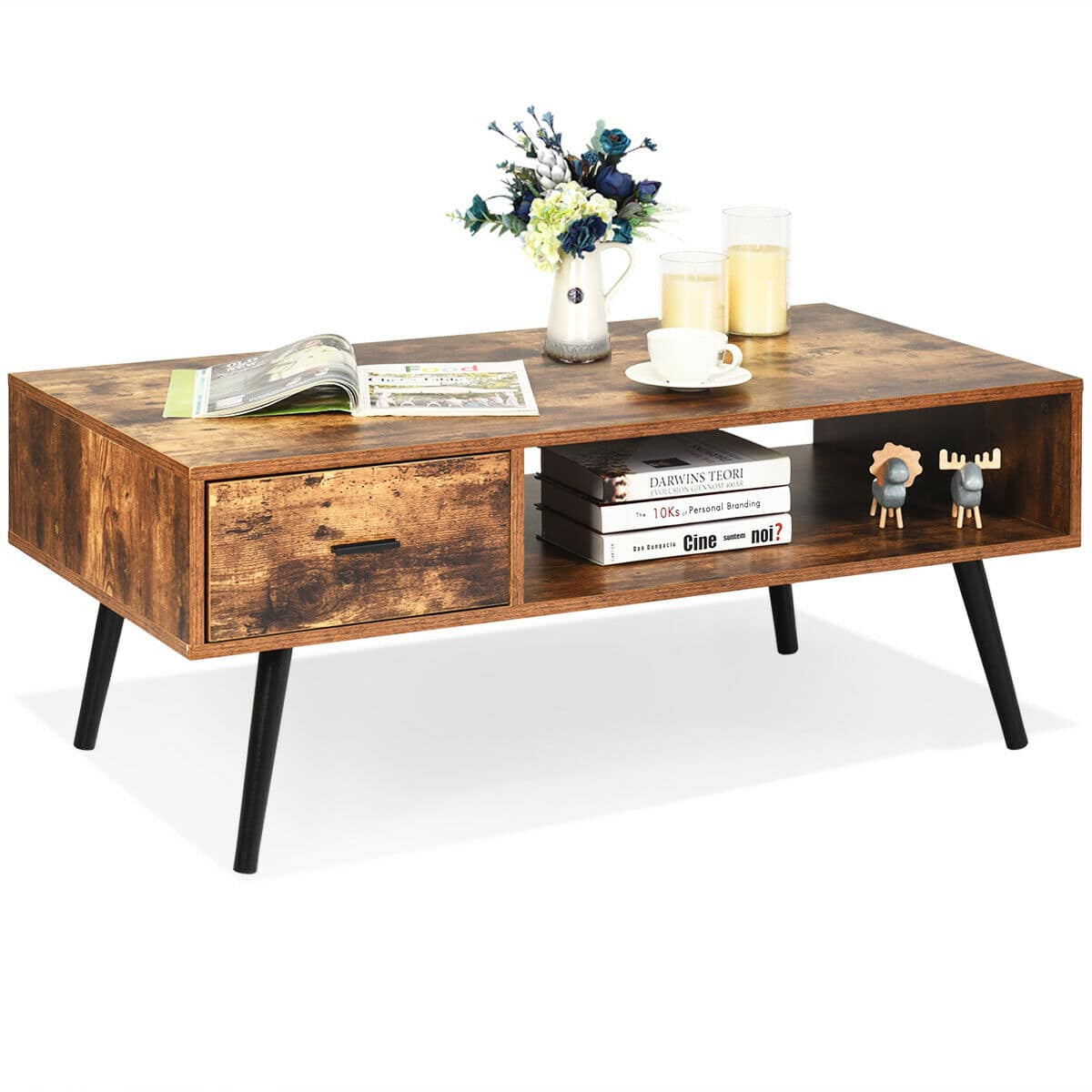 Gymax - Retro Coffee Table Mid Century Modern Living Room Furniture w/Open Storage Shelf - Rustic Brown