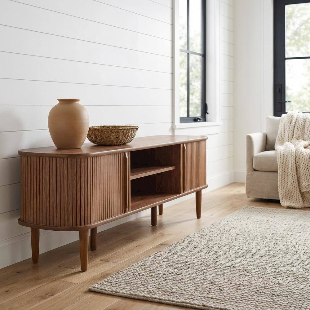 Angle. FurniFact - Brown wood TV stand with sleek design and sturdy construction - Brown.