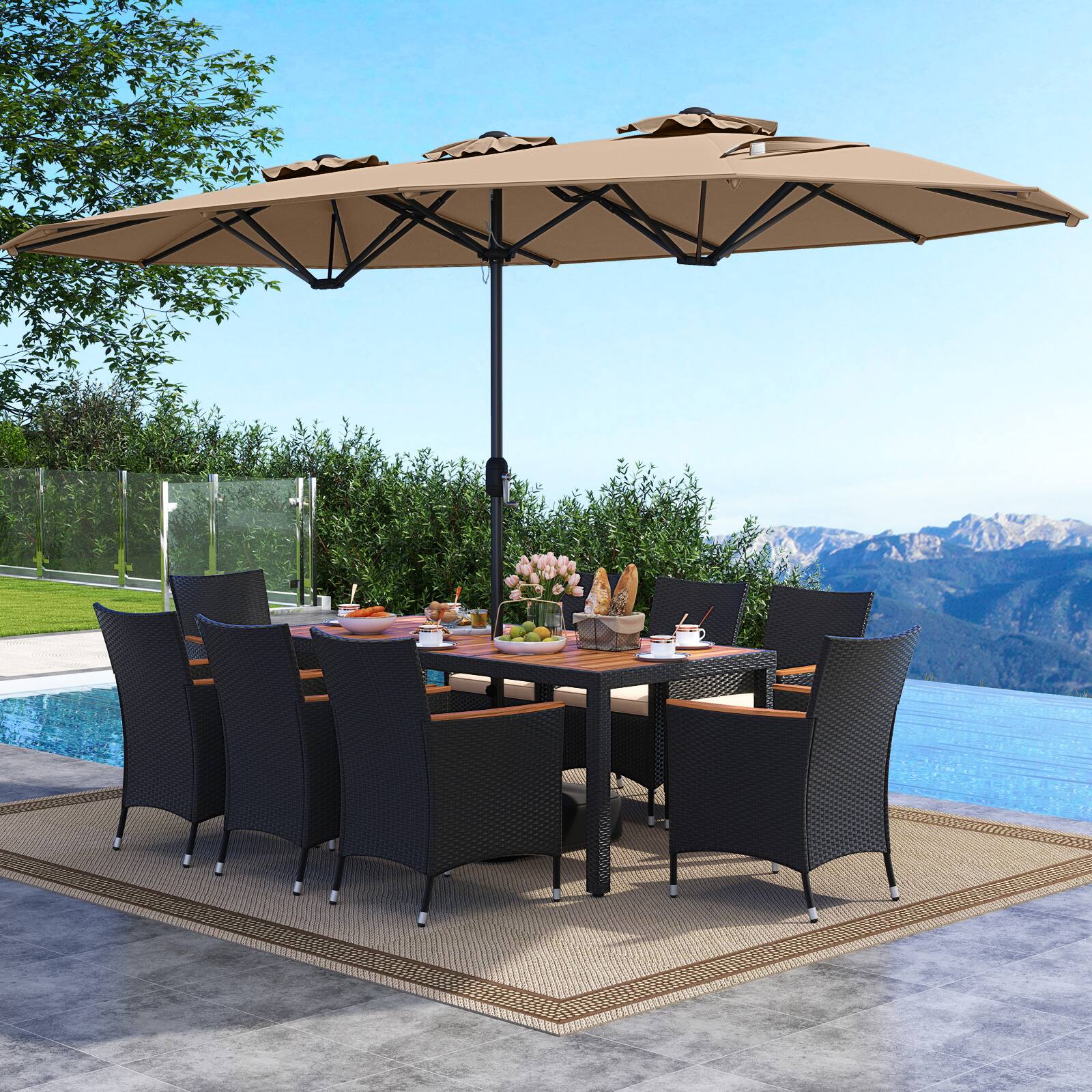 Alt View 1. Costway - Costway 11 PCS Patio Wicker Dining Set with Double-Sided Outdoor Umbrella 8 Stackable Chairs - Brown,White.