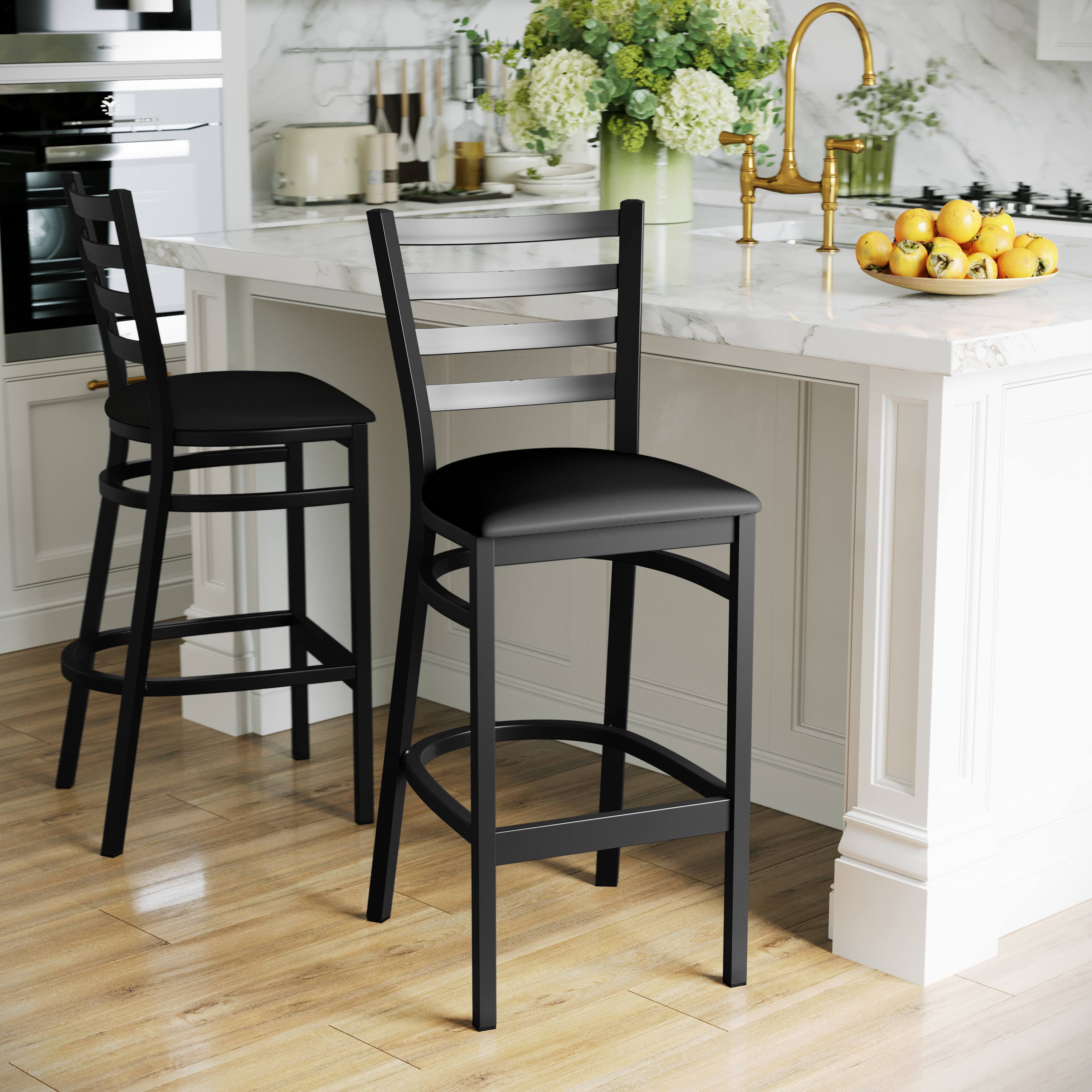 Alt View 4. Emma + Oliver - 2 Pack Ladder Back Metal Restaurant Barstool - Black Vinyl Seat/Black Metal Frame.