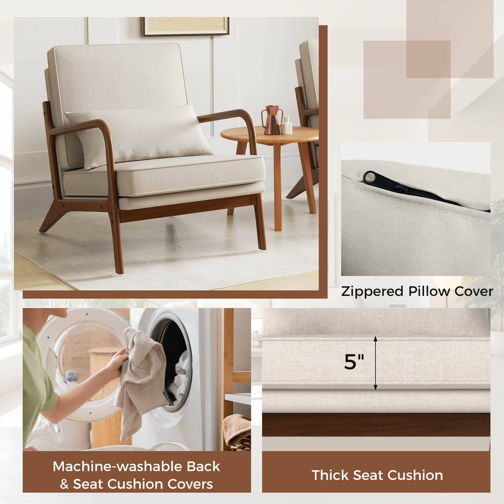 The image features a living room with a chair and a couch. The chair has a zippered pillow cover, which is machine-washable and comes in a 5-inch size. The couch also has a thick seat cushion cover, providing extra comfort and durability. The living room is well-furnished and inviting, making it a cozy space for relaxation and leisure.