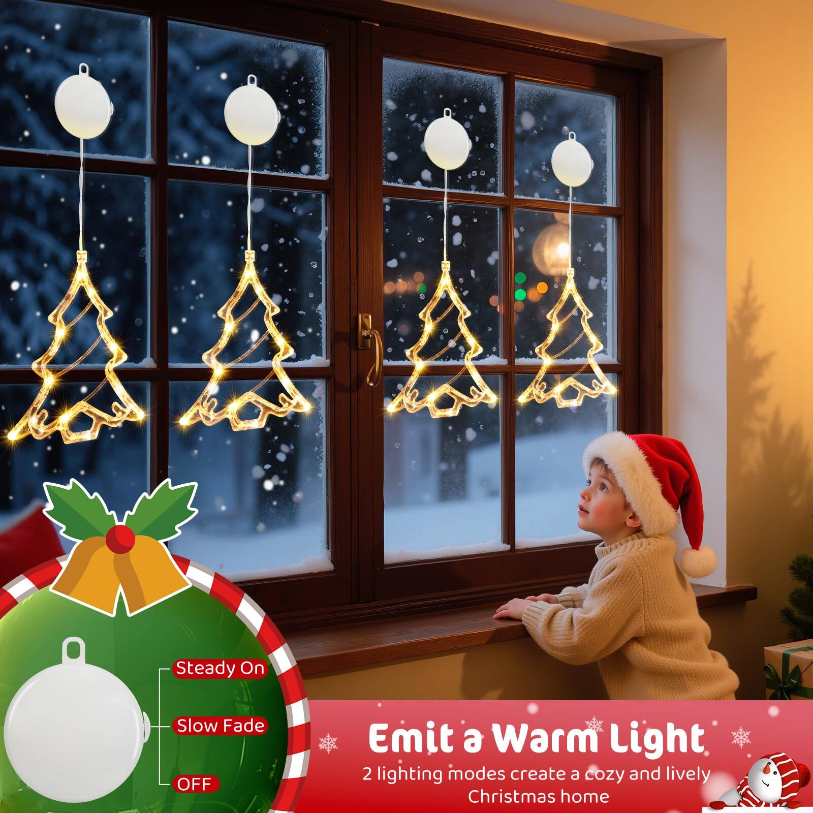 Sure, here is the corrected and grouped text:

---

**Steady On**  
**Slow Fade**  
**OFF**

---

**Emit a Warm Light**  
2 lighting modes create a cozy and lively Christmas home

---