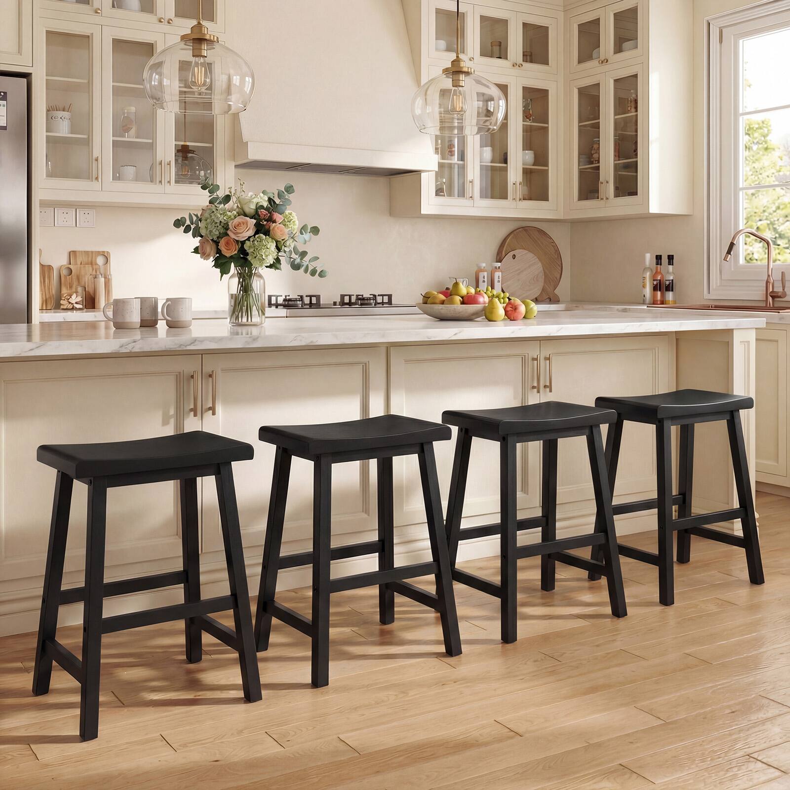 Alt View 1. Gymax - Gymax Solid Wood Saddle Bar Stools Set of 4 Backless Wooden Barstools w/Footrests Black - Black.