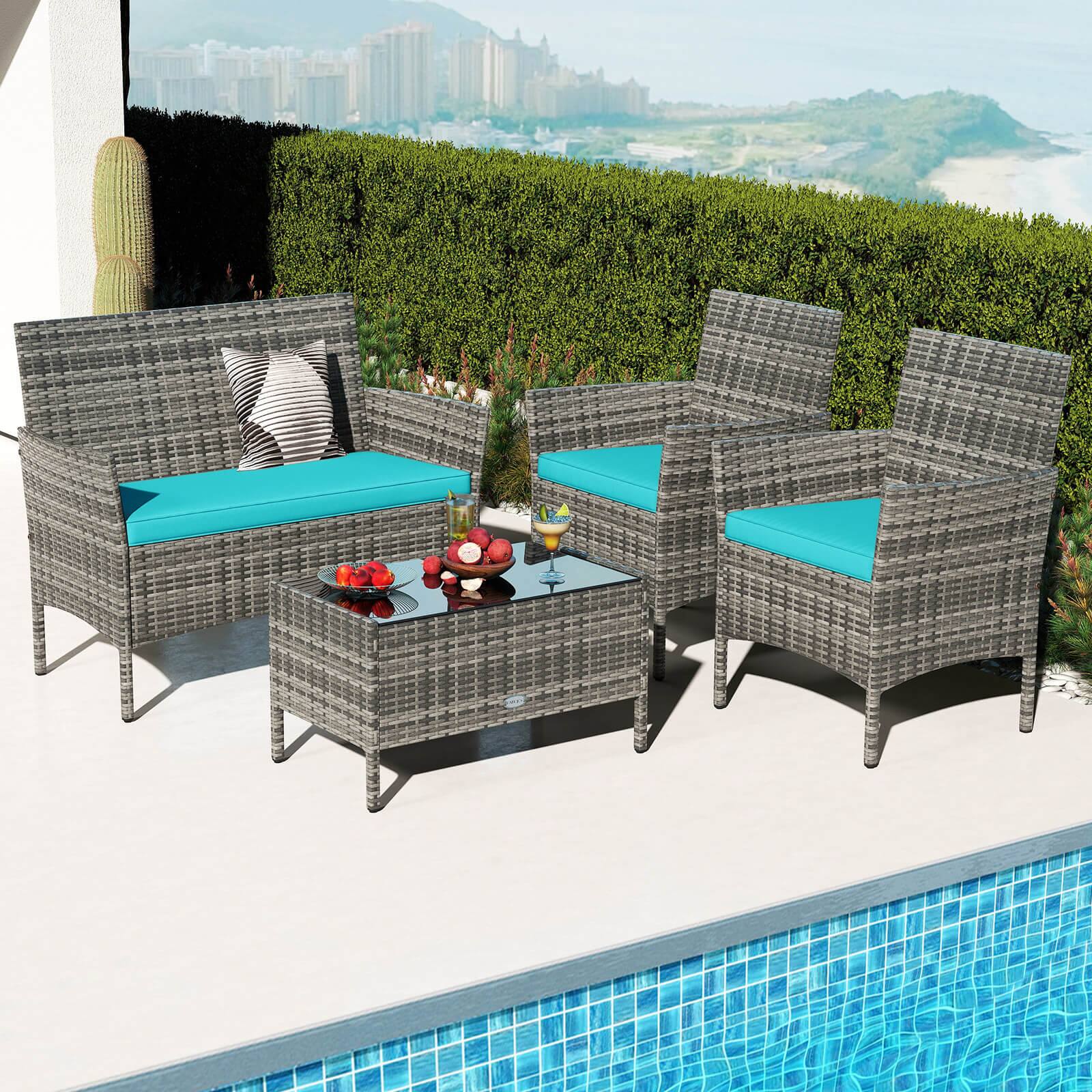 Alt View 3. Costway - Costway 4 PCS Patio Furniture Set with Washable Cushions and Tempered Glass Coffee Table - Turquoise.
