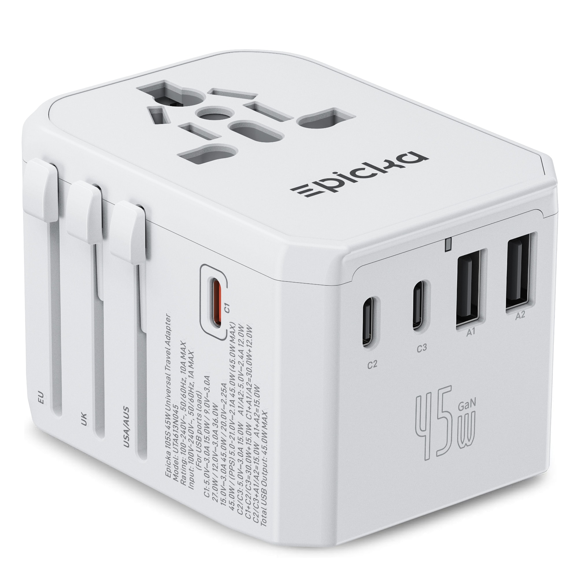 Epicka - GaN Universal Travel Adapter with USB Ports, PD Fast Charging International Plug Adapter, Multi-Port Travel Charger - 105S-White