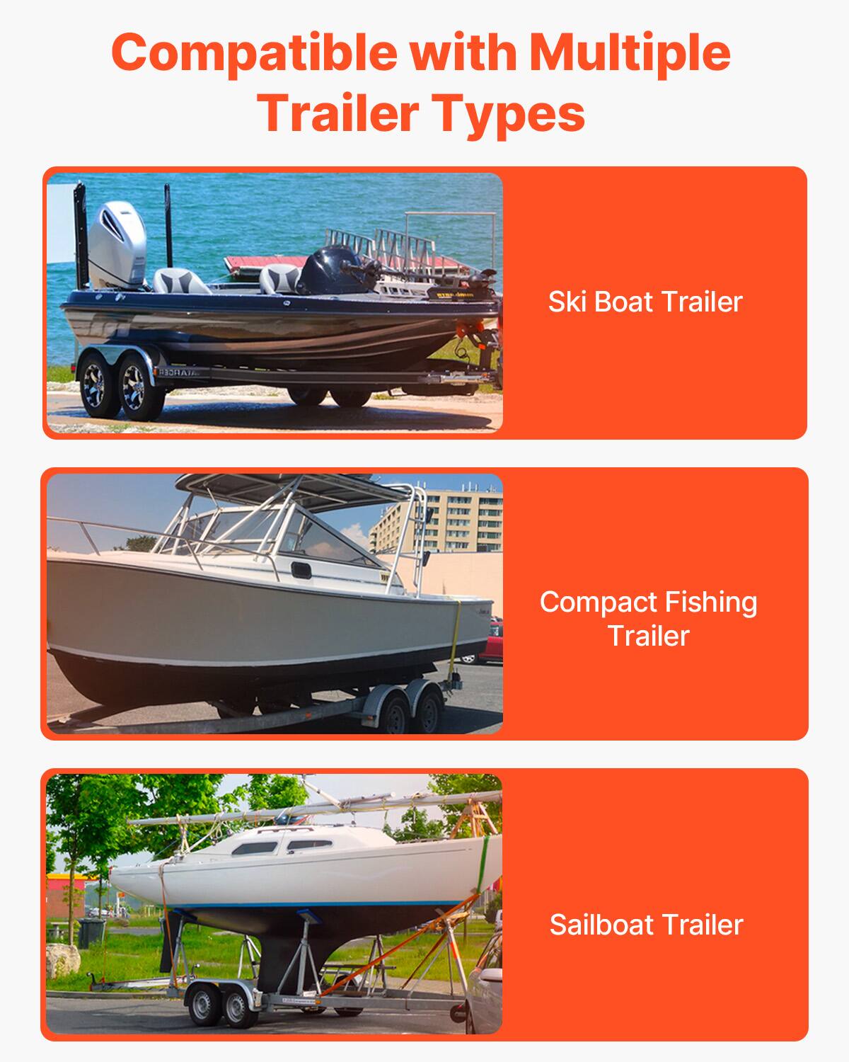 Compatible with Multiple Trailer Types

- Ski Boat Trailer
- Compact Fishing Trailer
- Sailboat Trailer