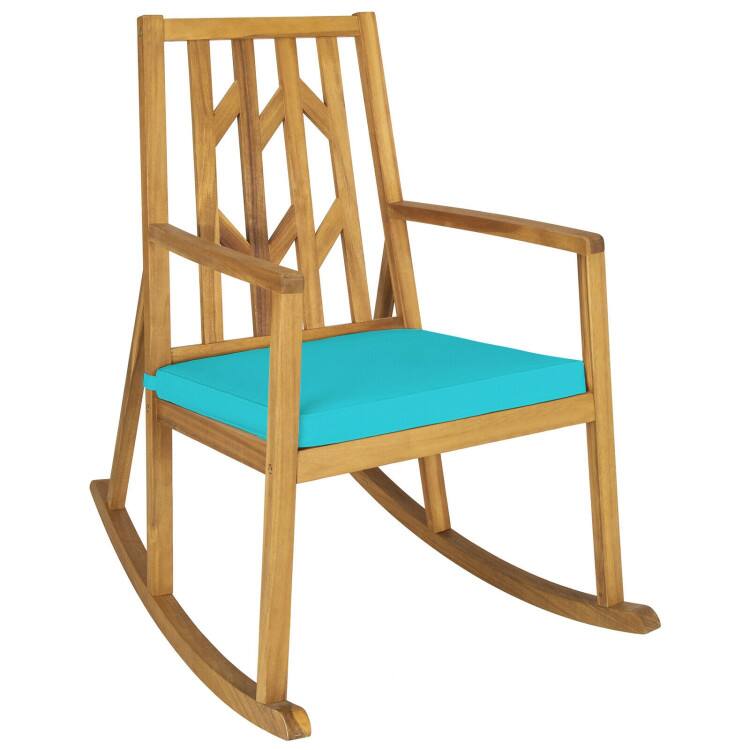 Alt View 3. Mondawe - Patio Acacia Wood Rocking Chair with Cushion and Armrests for Outdoor Garden - Blue.