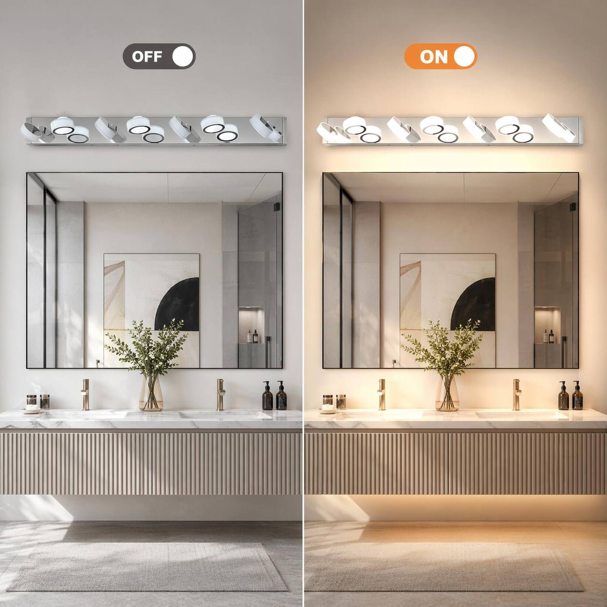 Left. RYHNUYNE - Modern 7‑Light Vanity Light,52 " Rotating Oval Acrylic LED Bathroom Wall Light for Bath Dressing Room - Chrome.