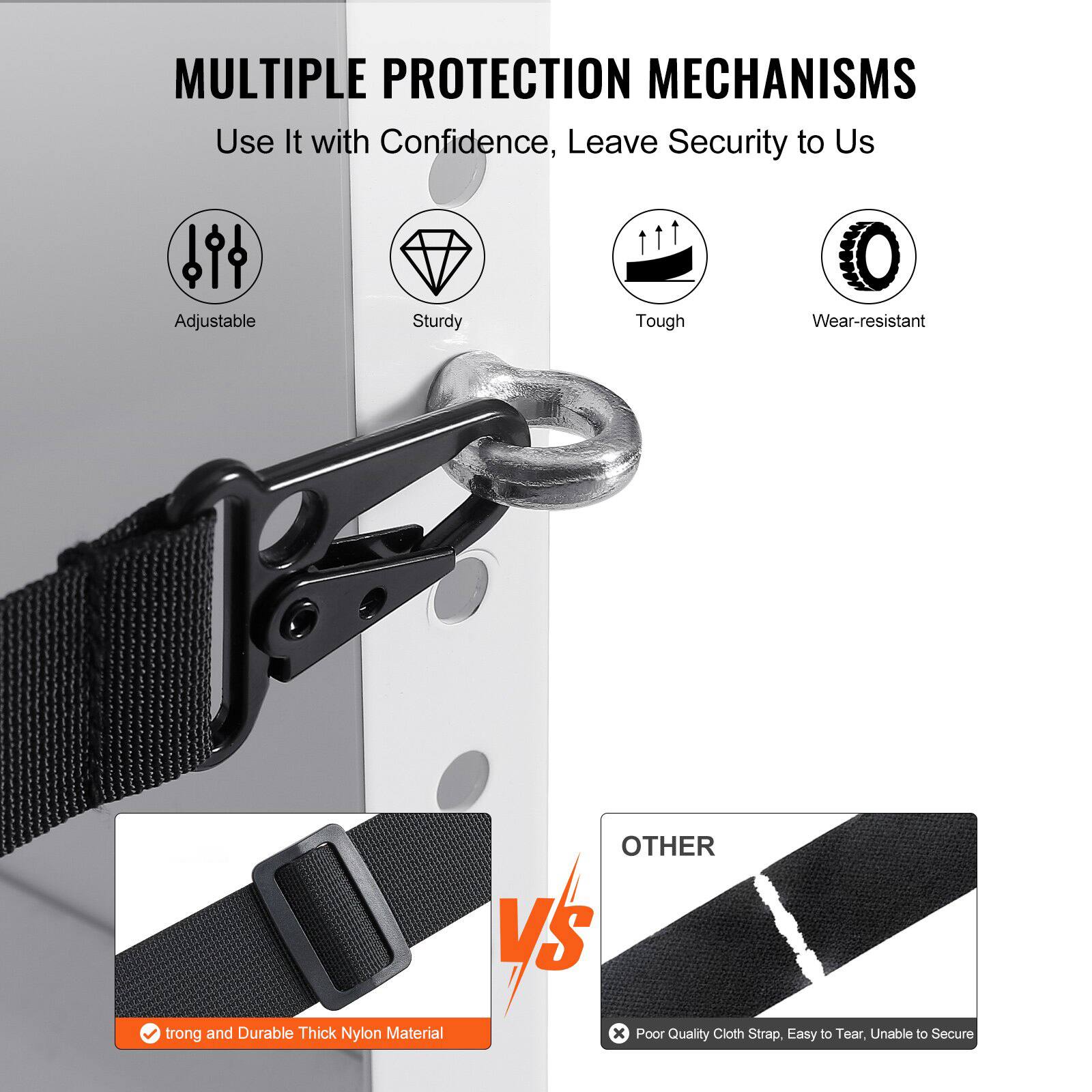 MULTIPLE PROTECTION MECHANISMS  
Use It with Confidence, Leave Security to Us  

- Adjustable  
- Sturdy  
- Tough  
- Wear-resistant  

Strong and Durable Thick Nylon Material  

vs  

OTHER  
Poor Quality Cloth Strap, Easy to Tear, Unable to Secure