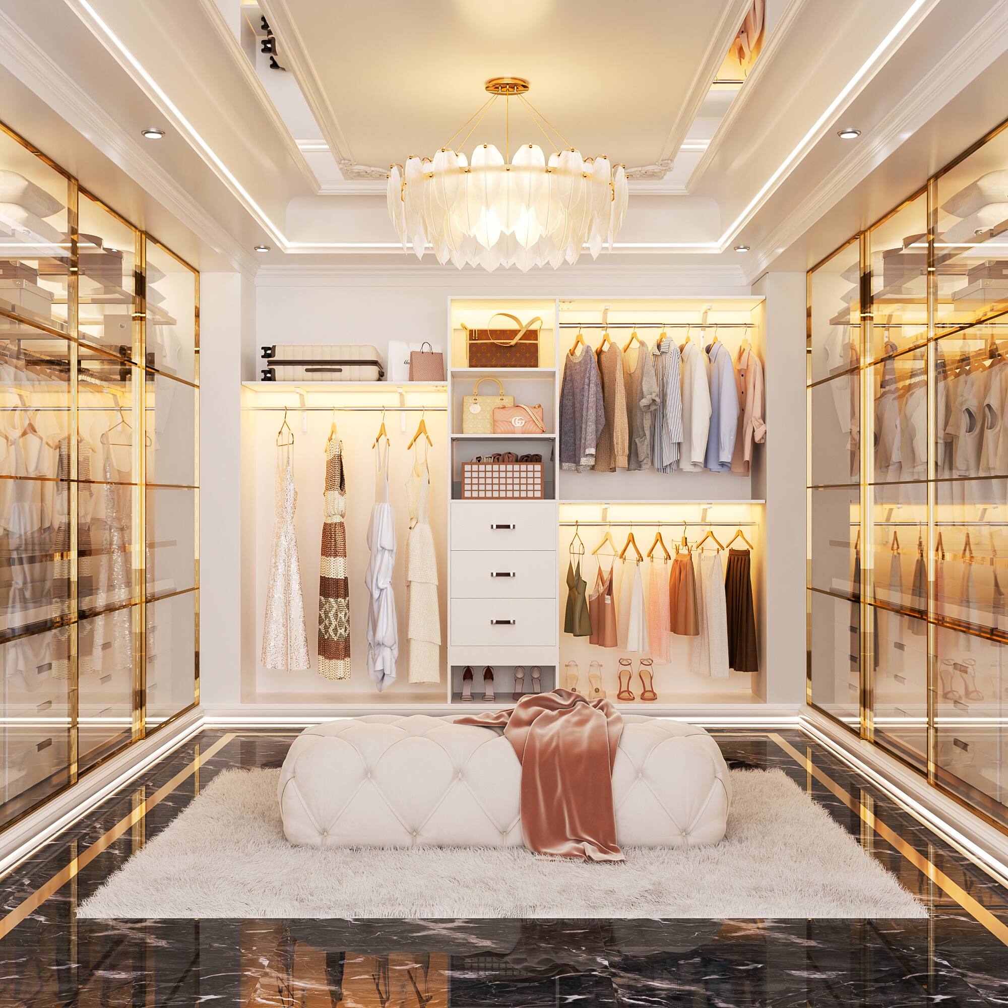 Alt View 4. Aheaplus - 20.2'' - 96'' W Closet System, Walk In Closet Organizer with 3 Shelving Towers, 3 Hanging Rods, and 3 Drawers, 75'' High - White.