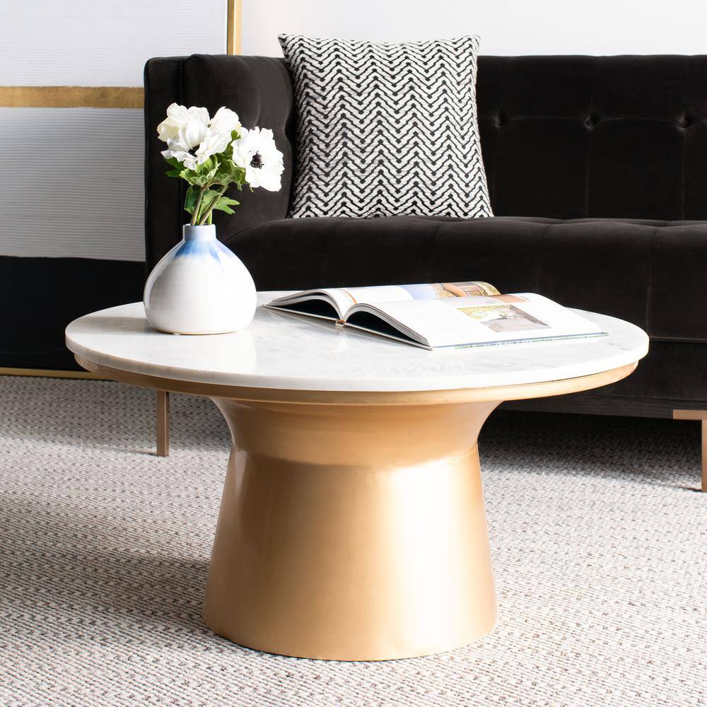 Back. Safavieh - Mila Pedestal Coffee Table, White Marble/Brass - White.