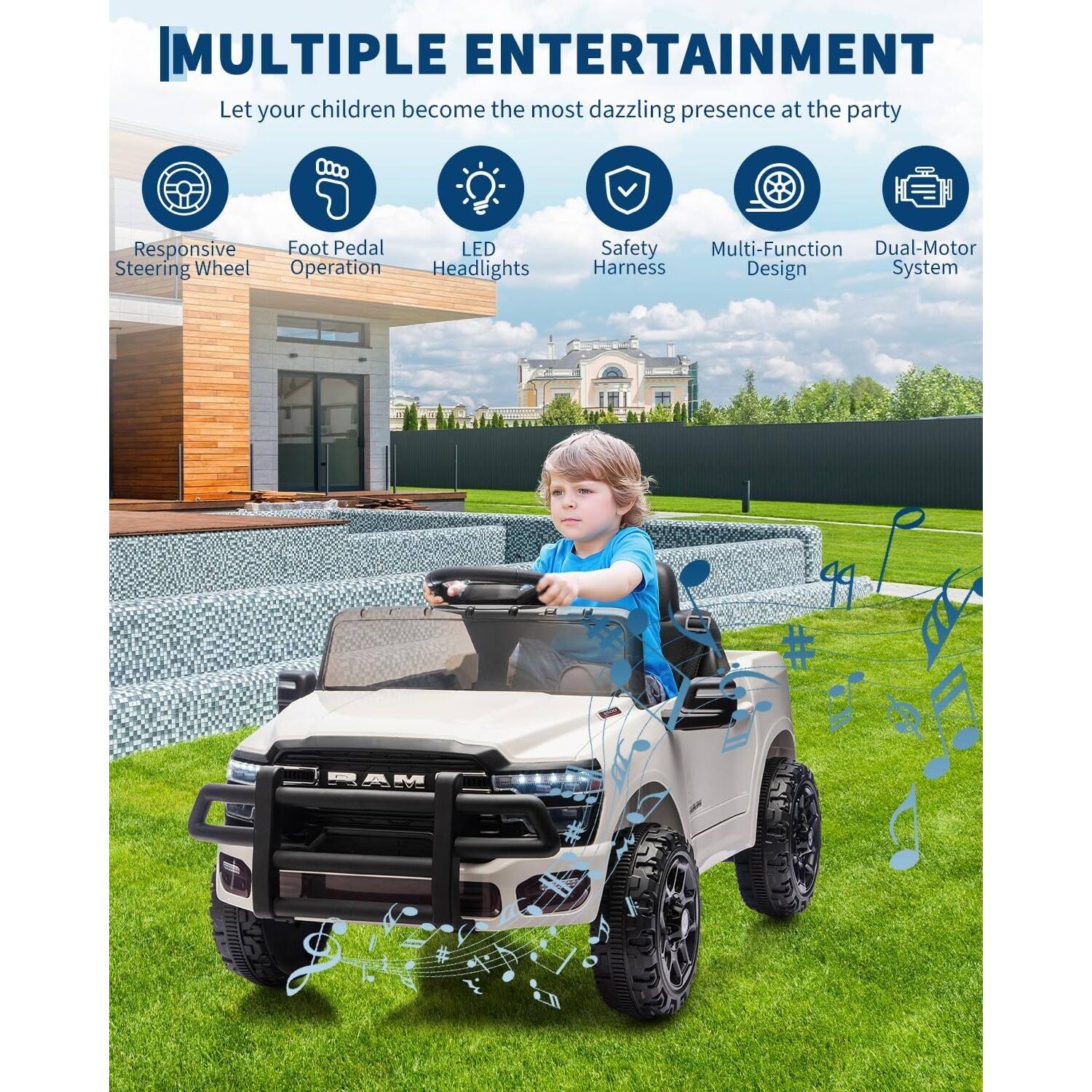 **MULTIPLE ENTERTAINMENT**

Let your children become the most dazzling presence at the party

- Responsive Steering Wheel
- Foot Pedal Operation
- LED Headlights
- Safety Harness
- Multi-Function Design
- Dual-Motor System
