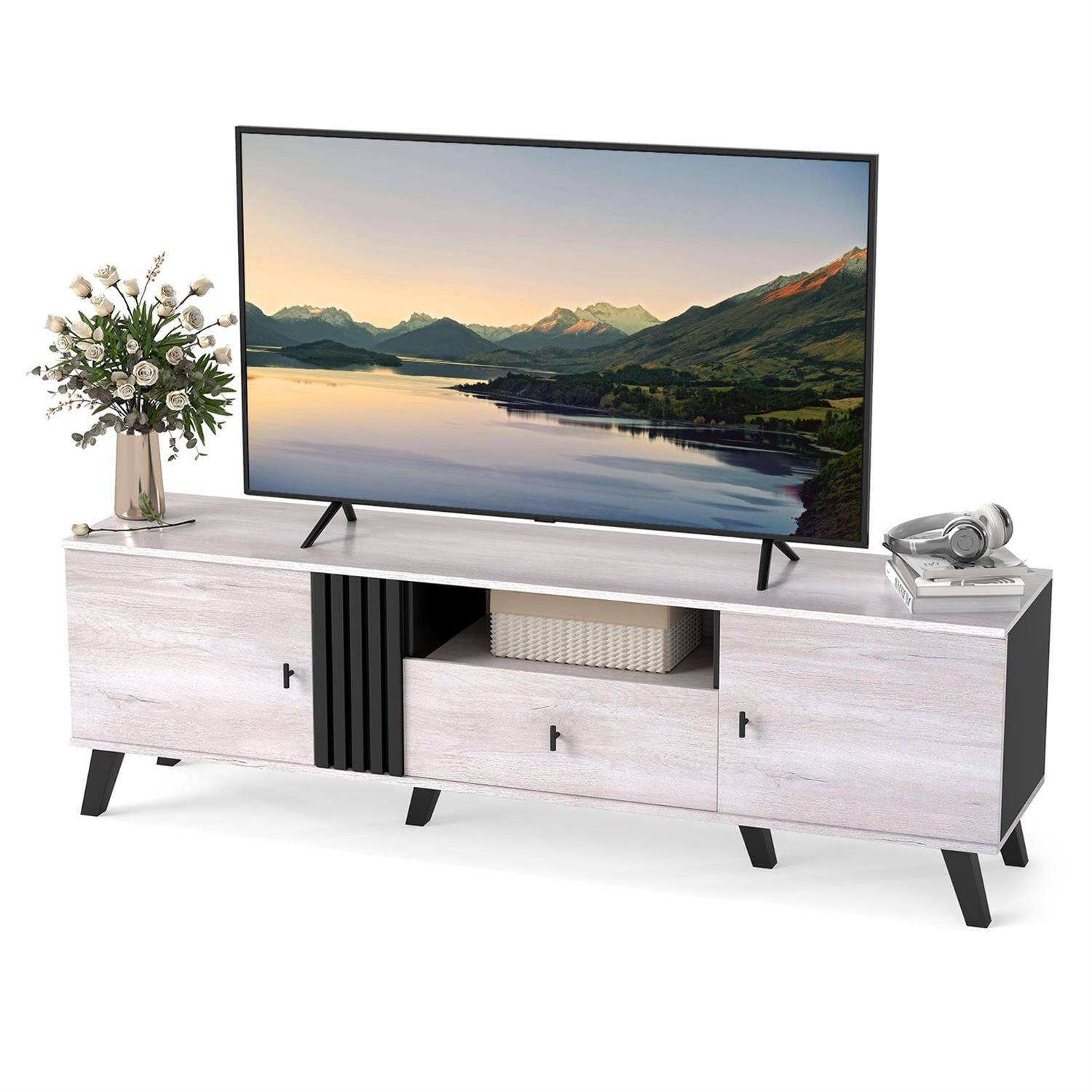 Left. Pefilos - Mid-Century Modern TV Stand, 80" TV Compatible, 2 Doors & 1 Drawer with Fluted Decor, Oak (Brown) TV Cabinet - Brown.