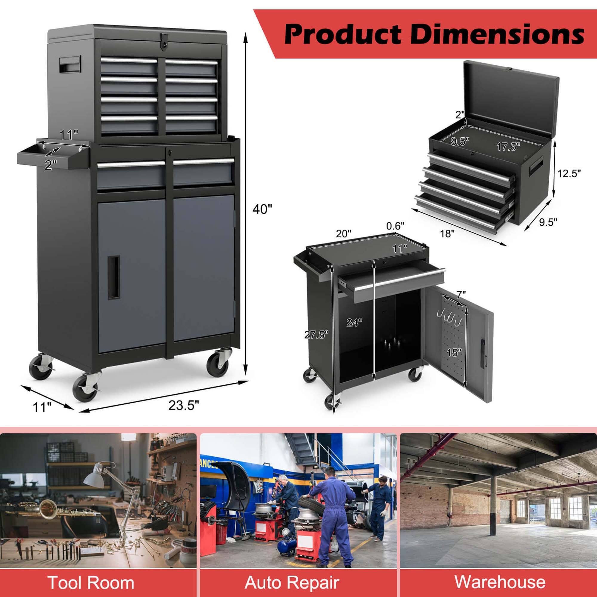 Product Dimensions

- 11" x 2" x 23.5" x 40" x 11" x 20" x 0.6" x 18" x 7"
- 9.5" x 17.5" x 12.5" x 27.5" x 24" x 15"

Tool Room
Auto Repair
Warehouse