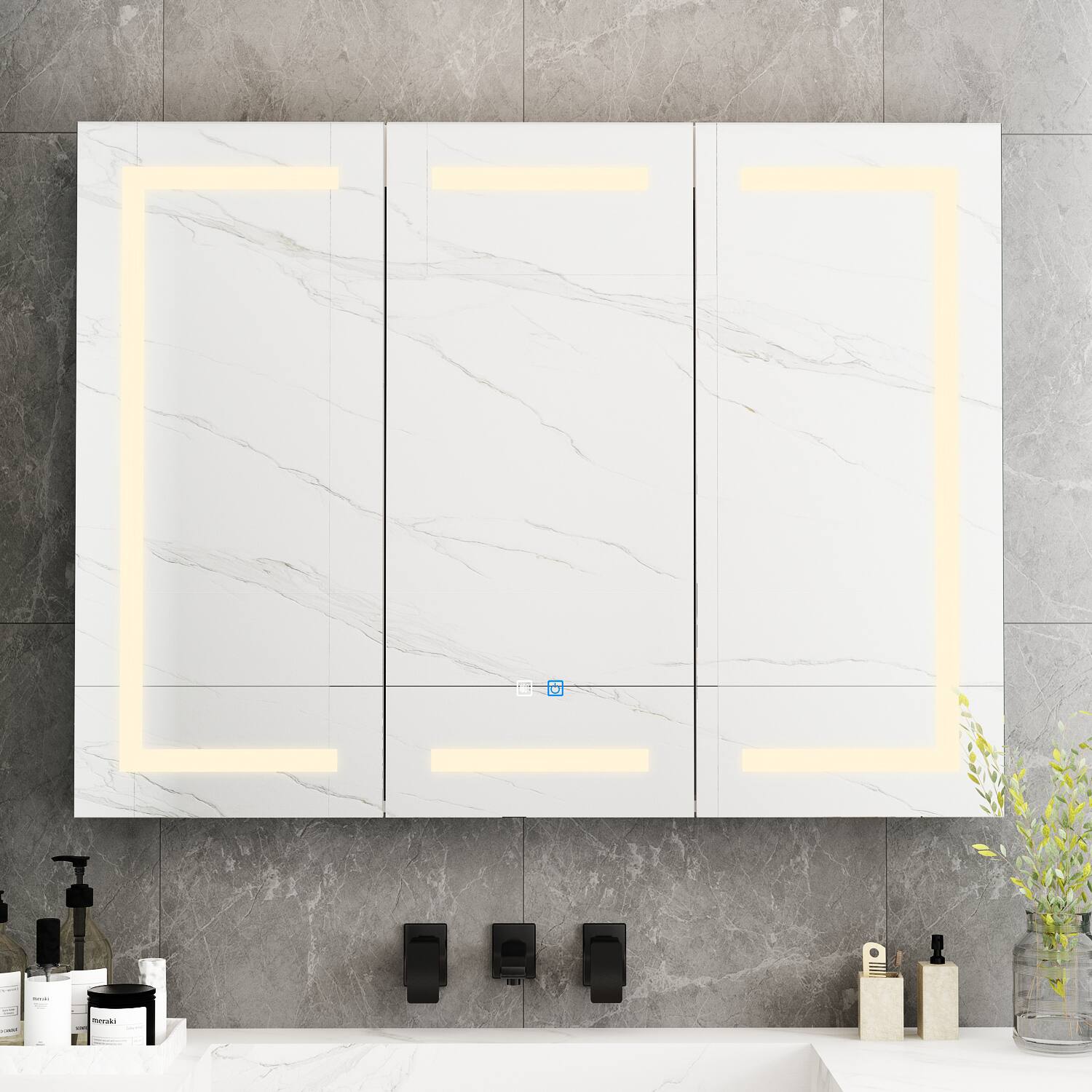 Left. Famapy - Luxury LED Bathroom Mirror Cabinet with Anti-Fog, Adjustable Color Temperature Lighting, Wall-Mounted Vanity - White.