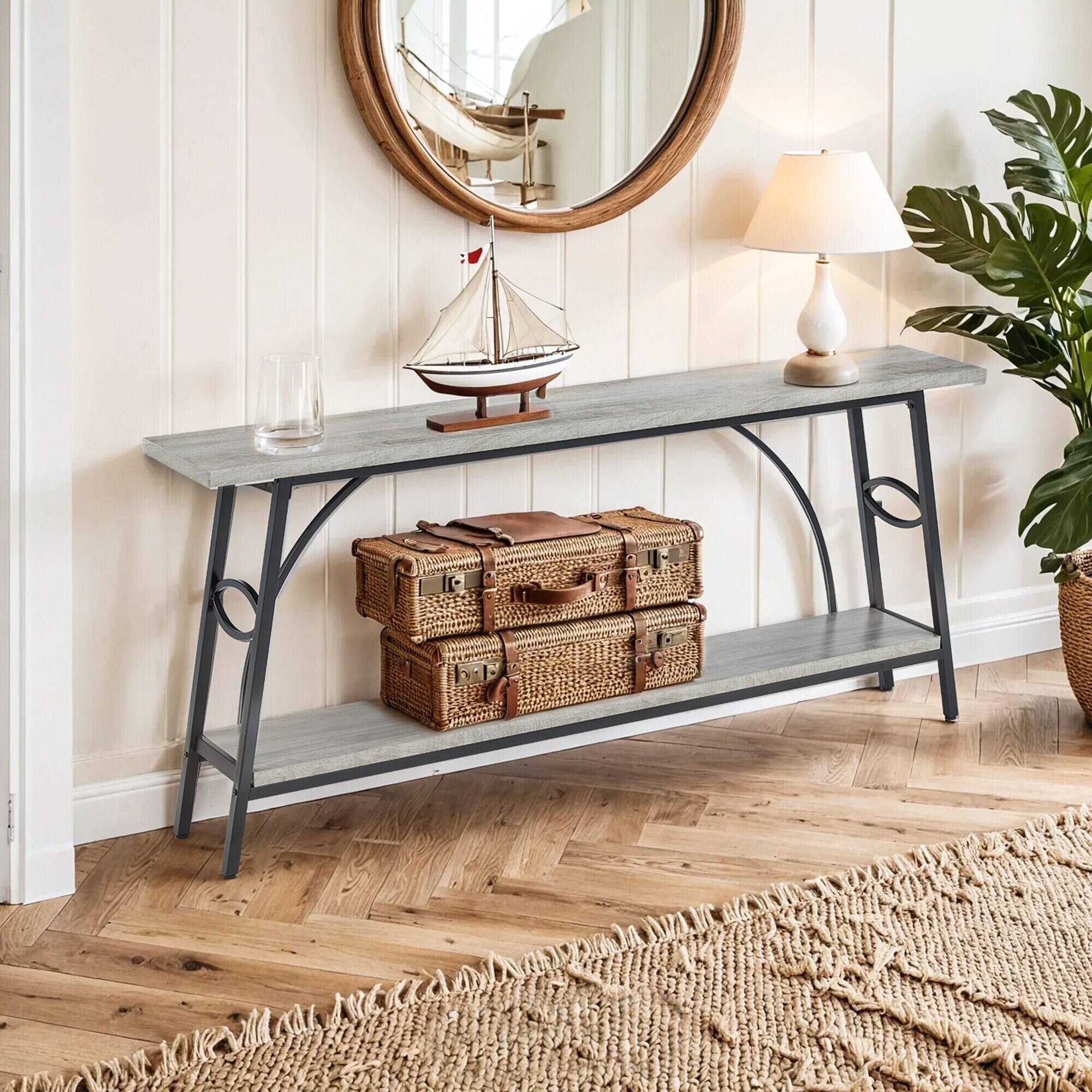 Alt View 4. U-HOMY - Half Round Frame Console Table with Shelves, 31.5"H Narrow Entryway Table for Hallway or Behind Sofa - Grey.