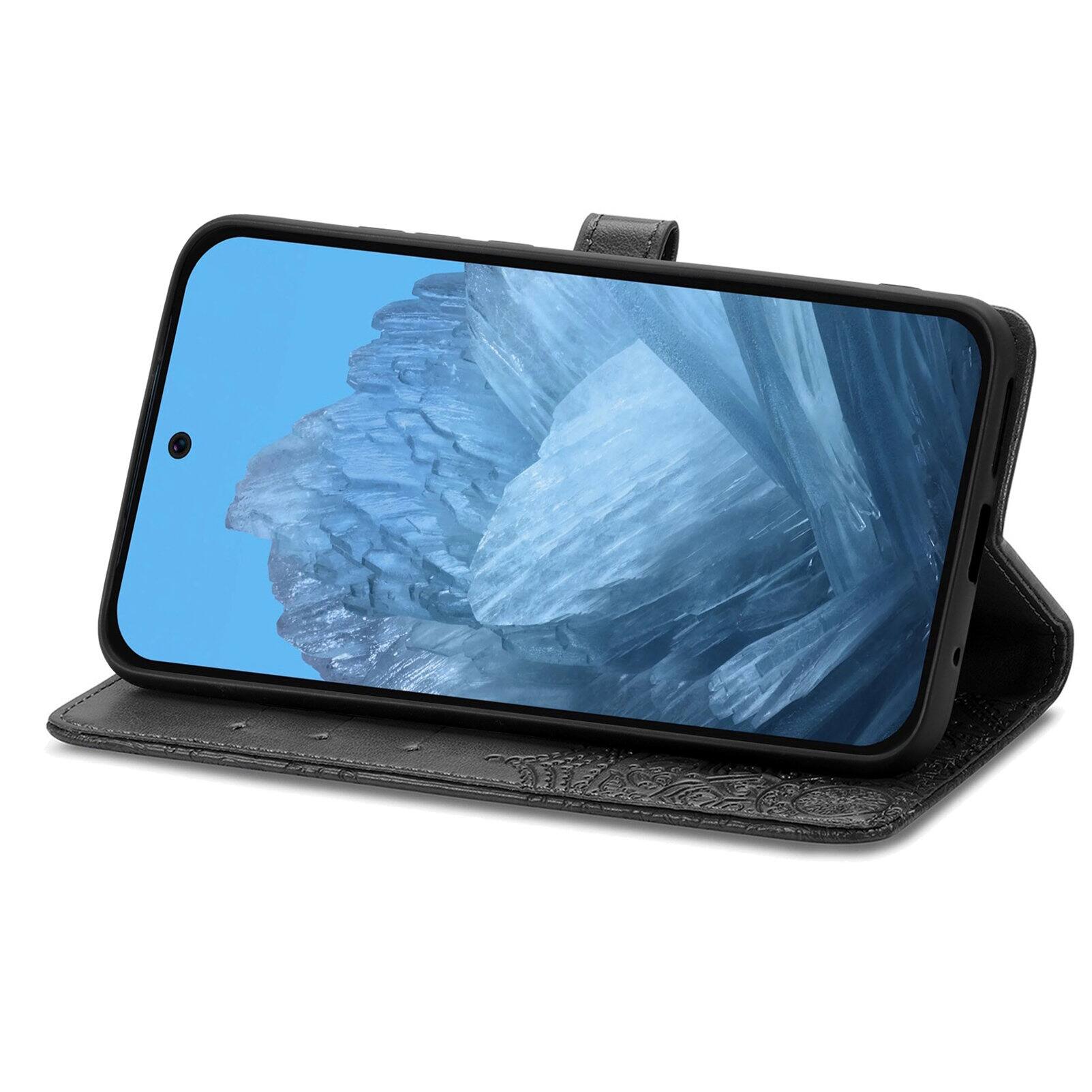Left. Dteck - Magnetic Case For Google Pixel 9 / 9 Pro, Shockproof Embossed Card Slots Stand Flip Protective Phone Cover - Black.