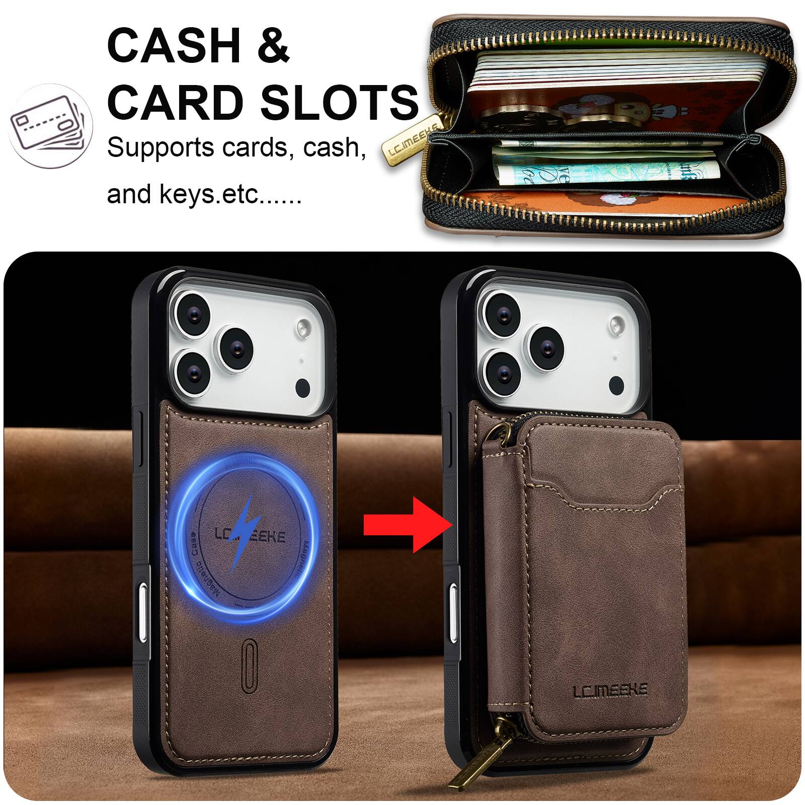 CASH & CARD SLOTS  
Supports cards, cash, and keys etc.....  

LCIMEEKE  
Magnetic  

LCIMEEKE