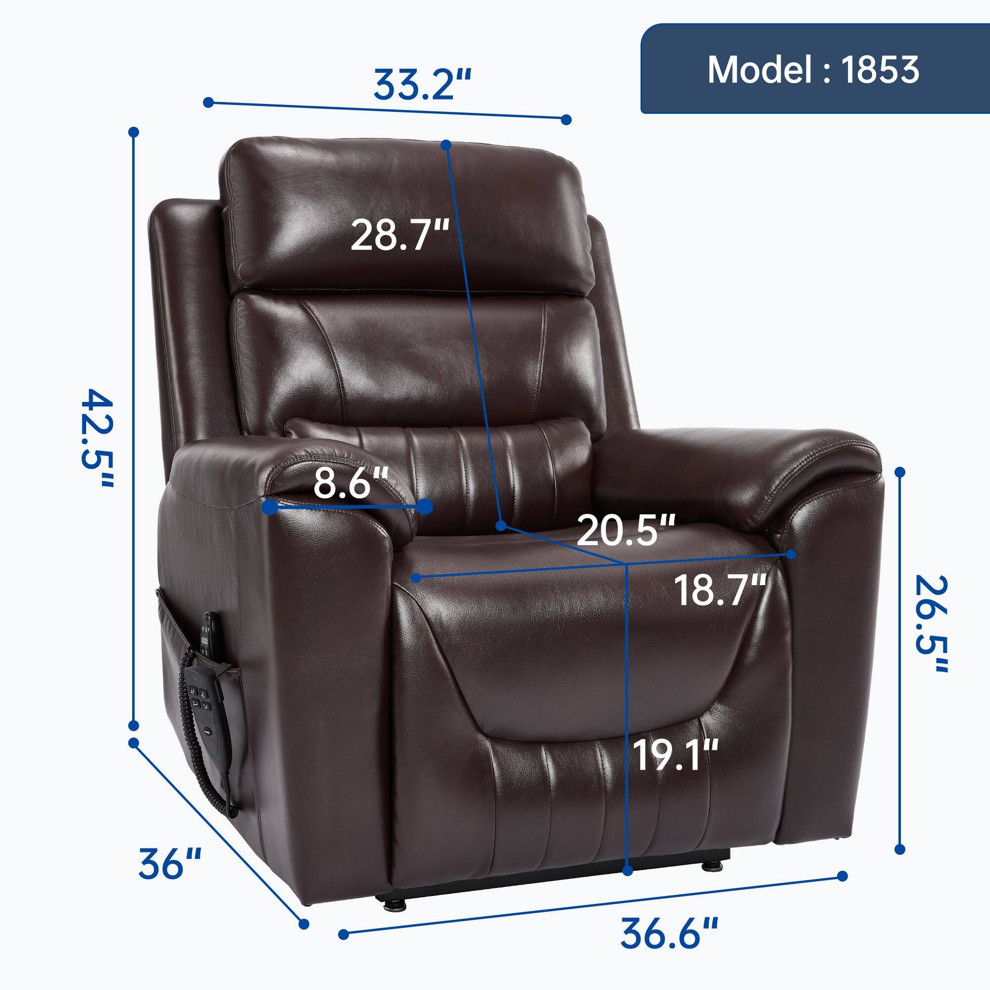 Model: 1853

- Height: 42.5"
- Width: 36.6"
- Depth: 36"
- Seat Height: 8.6"
- Seat Width: 20.5"
- Seat Depth: 19.1"
- Back Height: 33.2"
- Back Width: 28.7"
- Armrest Height: 26.5"
- Armrest Width: 18.7"
