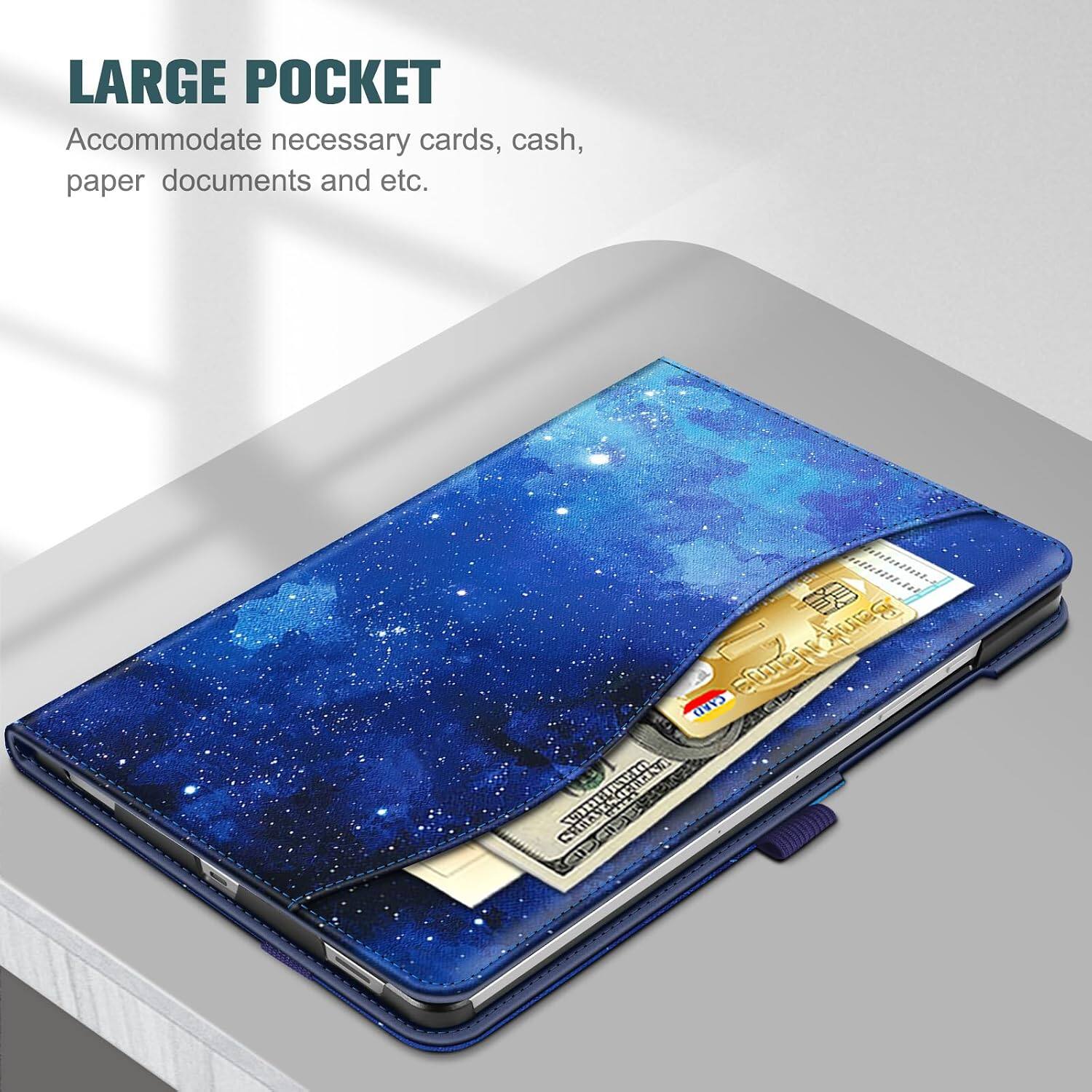 LARGE POCKET  
Accommodate necessary cards, cash, paper documents and etc.