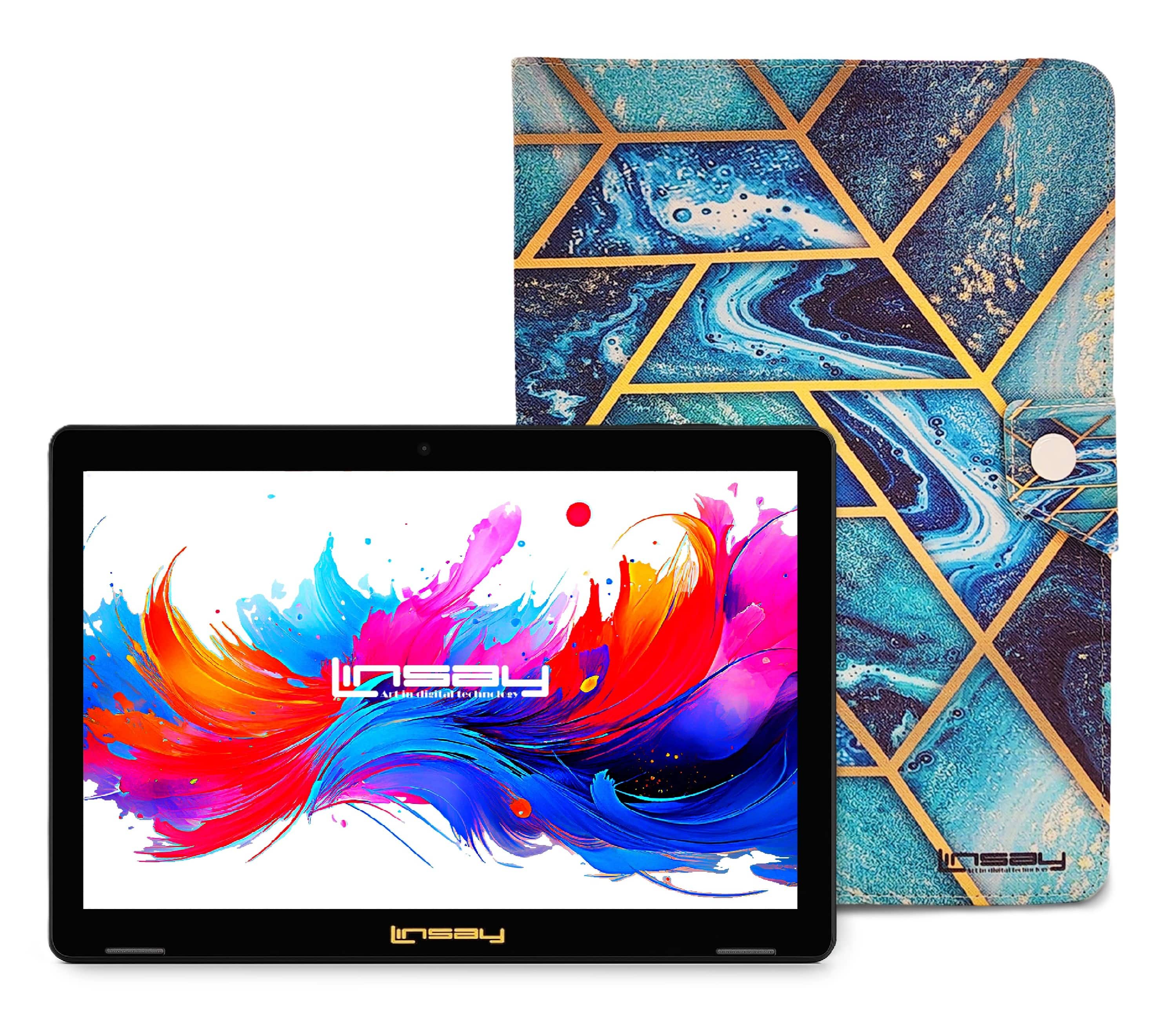 LINSAY - 10.1"Octa Core 256GB Storage Android 15 Tablet with Art and Ocean Case - Blue