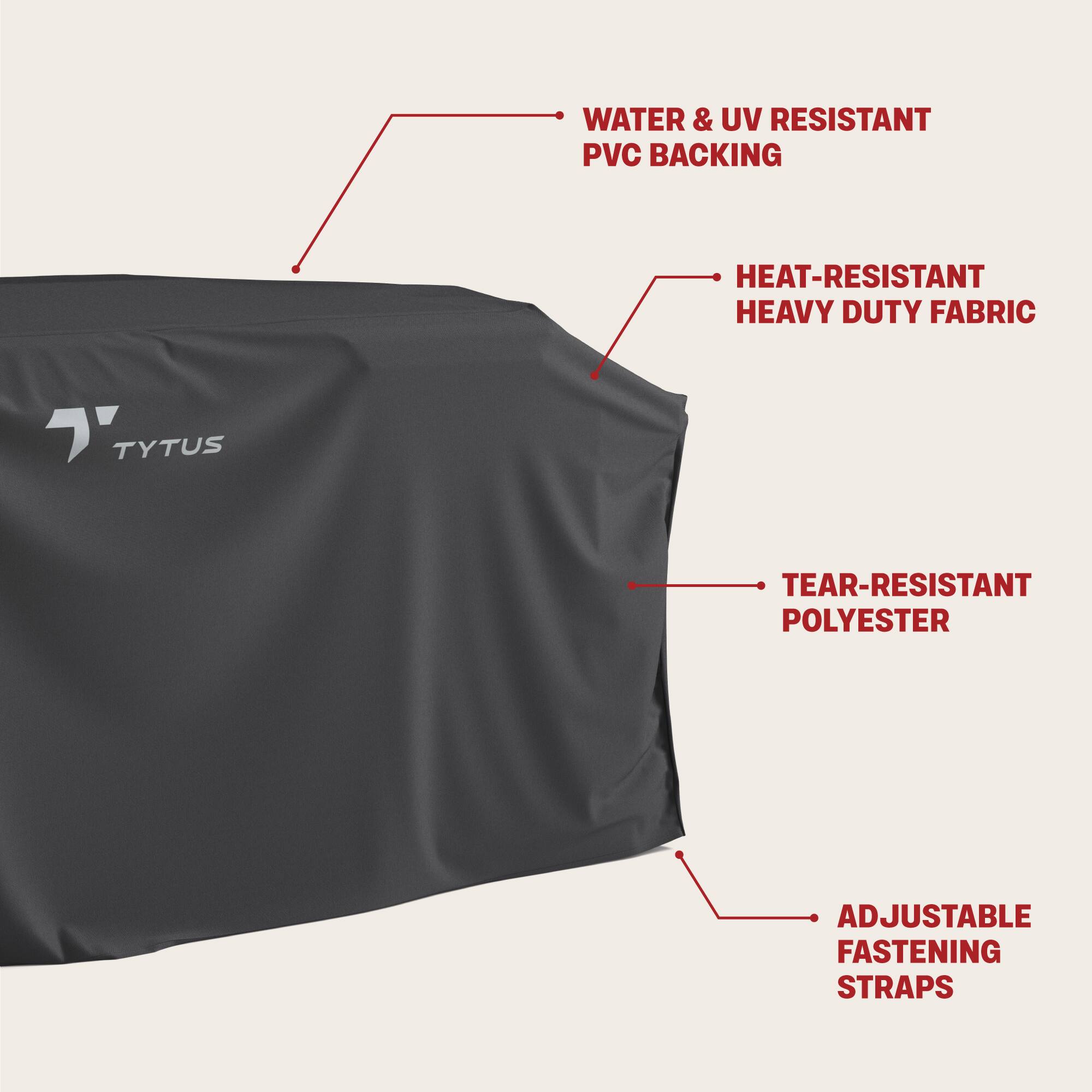 The image shows a piece of fabric with various labels and descriptions of its features. The fabric is water and UV resistant, made of heavy duty fabric, and has tear-resistant polyester. It also has adjustable fastening straps, making it a versatile and durable material.
