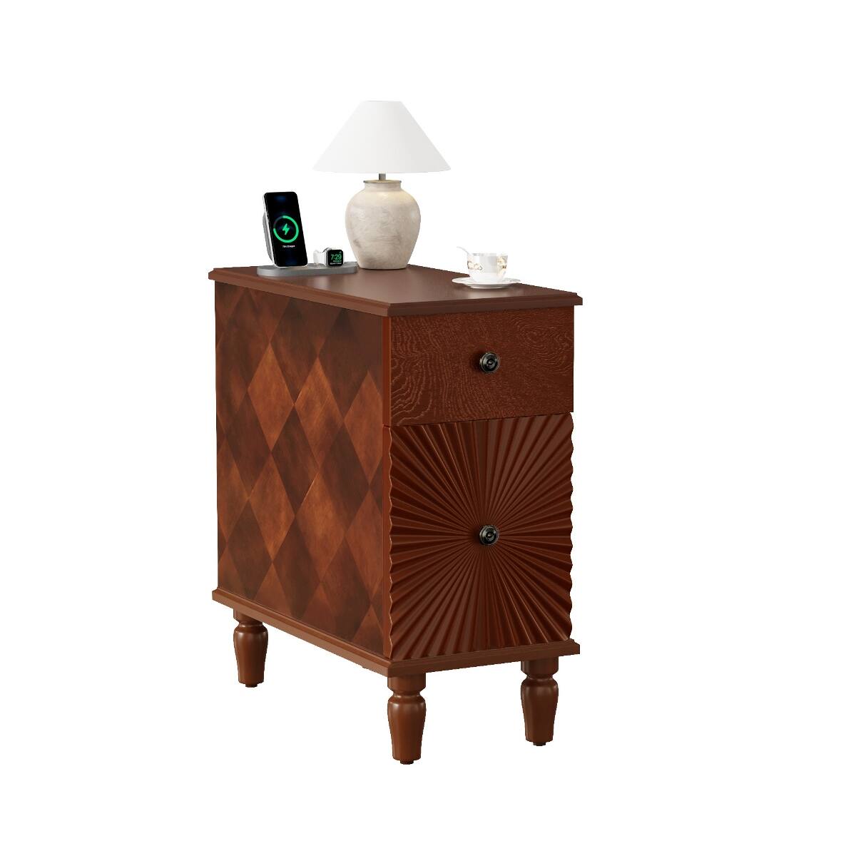 Alt View 7. Loheer - Loheer Two Drawer Nightstand, Walnut Narrow Sofa Side Table with Charging Station for Bedroom or Living Room - Walnut.