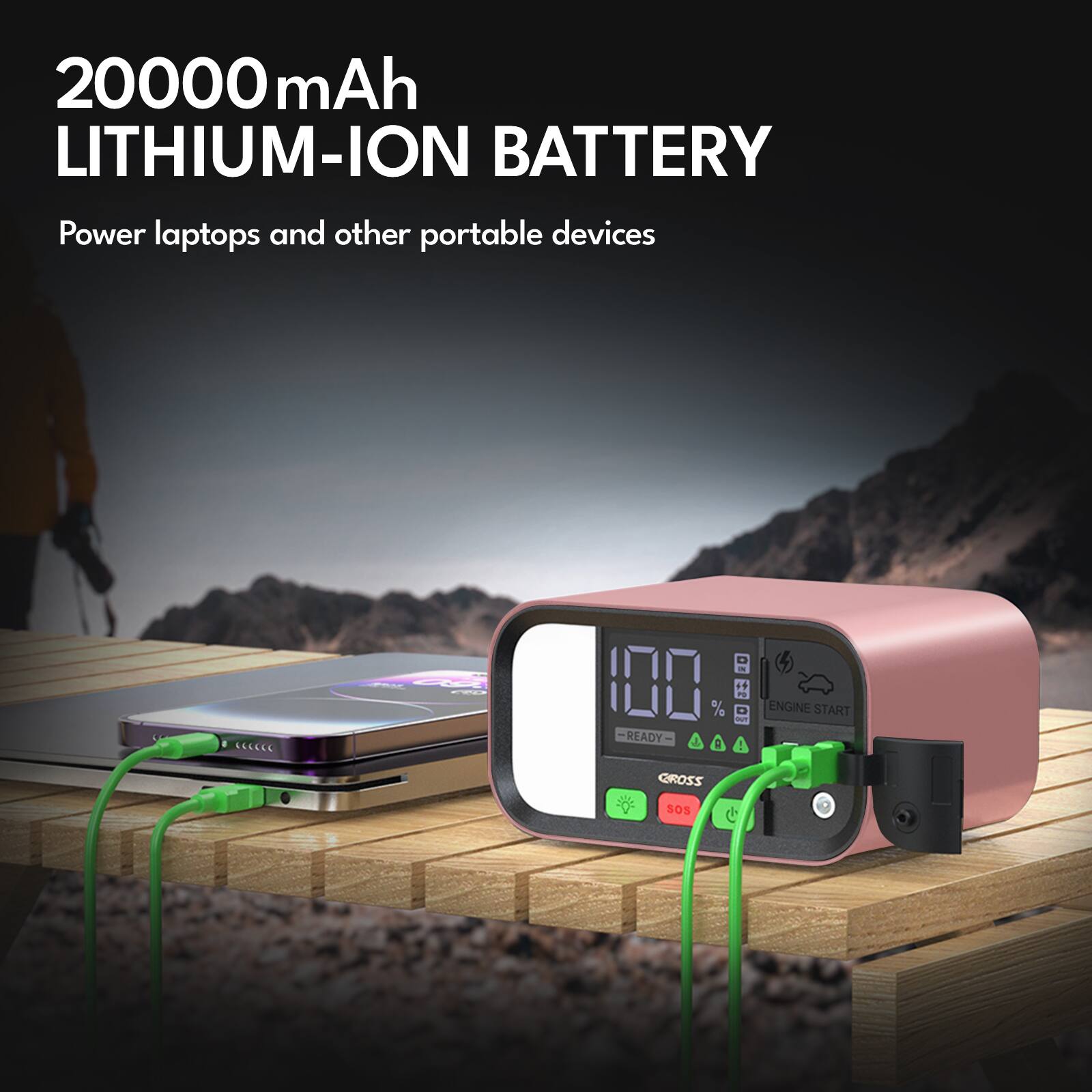 20000mAh LITHIUM-ION BATTERY  
Power laptops and other portable devices  

100% READY  

ENGINE START  
GROSS  
SOS