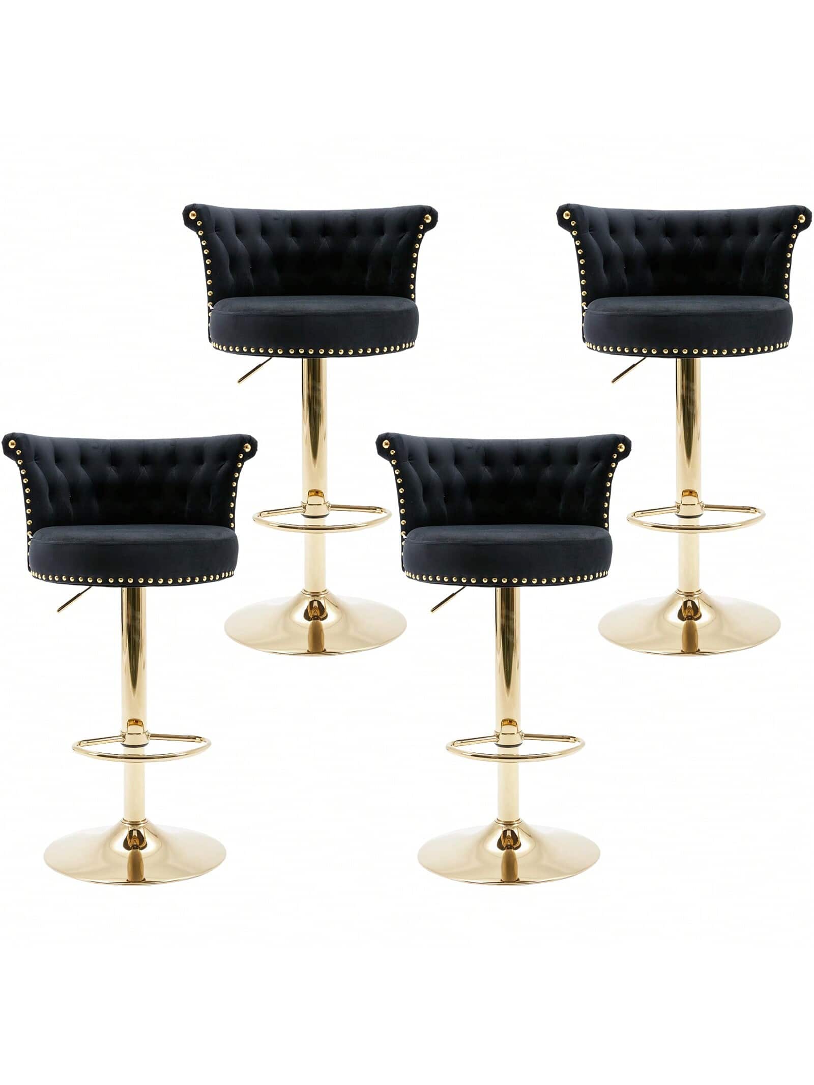 Trinkets Crazed - Velvet Bar Stools Set of 4,Modern Swivel Adjustable Counter Height Gold Barstools with Backs,Upholstered Bar Chairs - Black