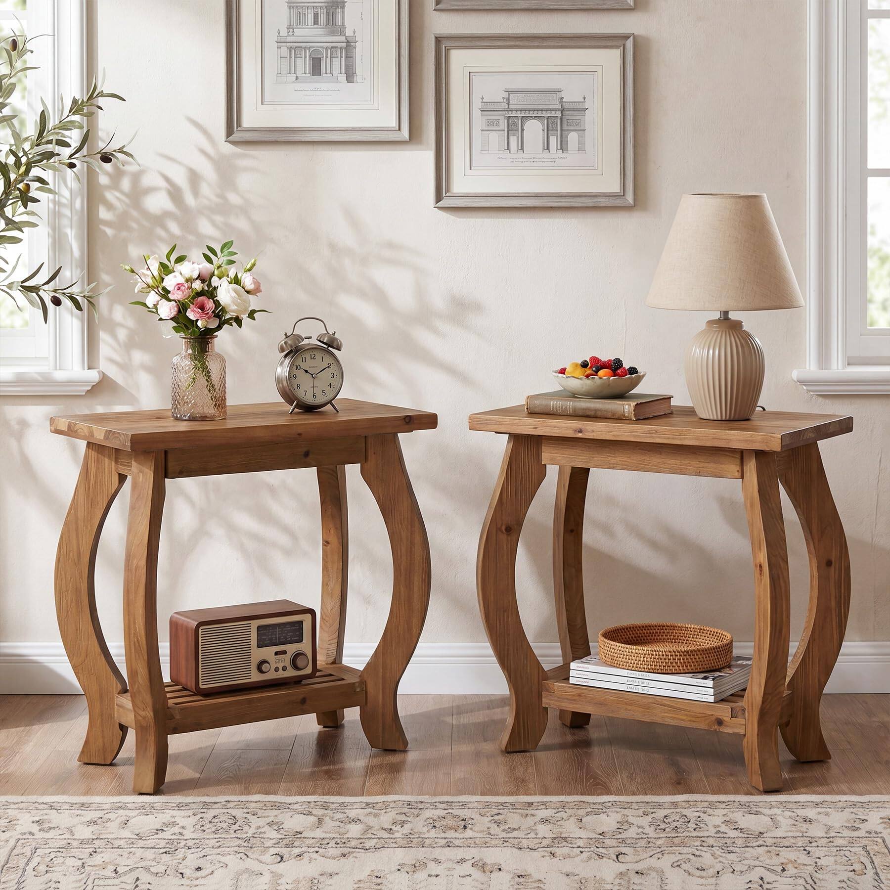Alt View 5. Tribesigns - Solid Wood End Table Set of 2, 3-Drawer Narrow Side Table, Brown - Brown.
