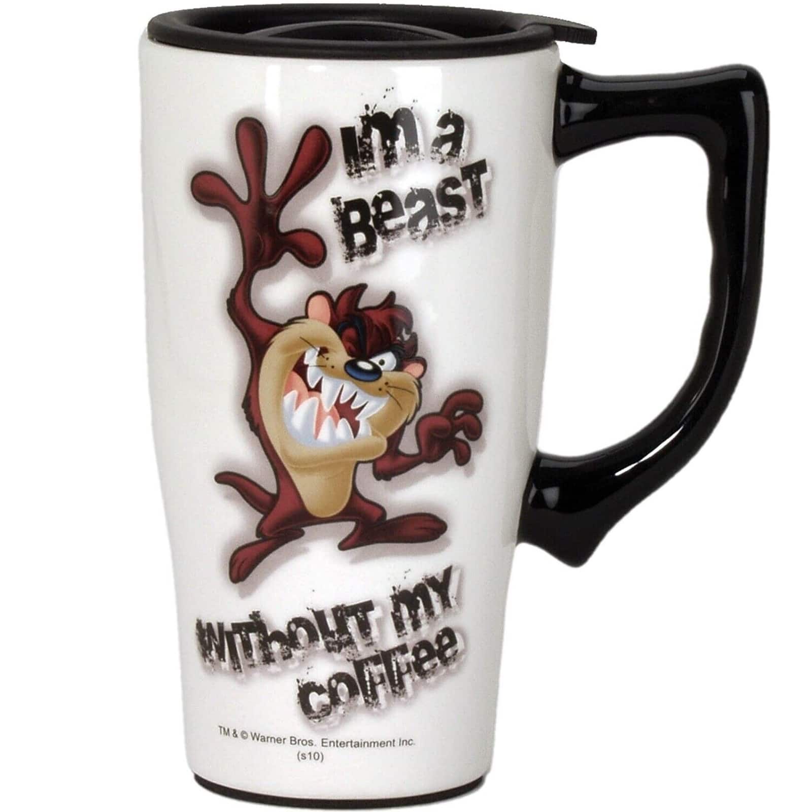 Spoontiques - Looney Tunes Taz I'm a Beast Without My Coffee Ceramic Insulated Travel Mug Coffee Cup 18 ounce - White