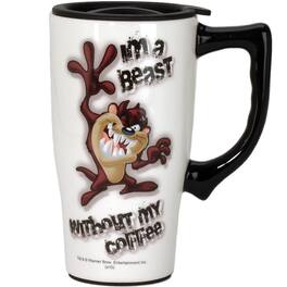 Spoontiques - Looney Tunes Taz I'm a Beast Without My Coffee Ceramic Insulated Travel Mug Coffee Cup 18 ounce - White