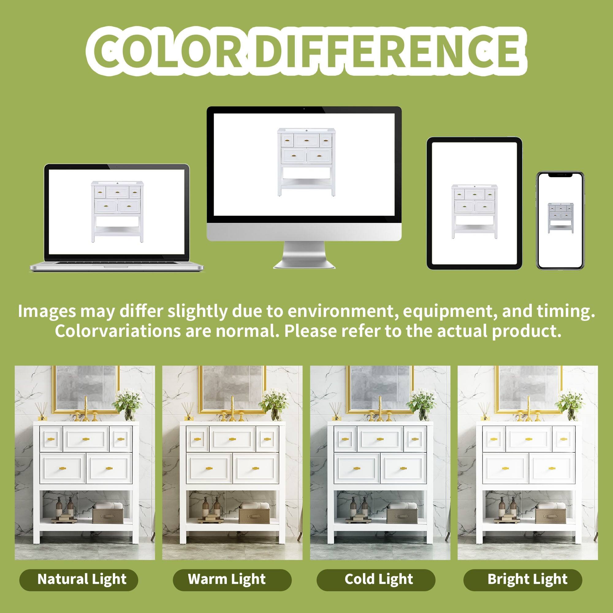 COLOR DIFFERENCE

Images may differ slightly due to environment, equipment, and timing. Color variations are normal. Please refer to the actual product.

Natural Light  
Warm Light  
Cold Light  
Bright Light