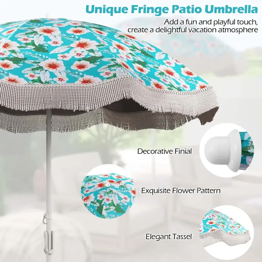 Unique Fringe Patio Umbrella: Add a fun and playful touch, create a delightful vacation atmosphere. Decorative Finial: Exquisite Flower Pattern. Elegant Tassel.